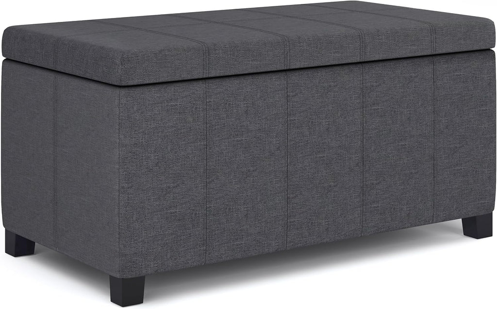 SIMPLIHOME Dover Storage Ottoman Bench - 36 inch Wide Upholstered Linen Look Fabric Rectangular Lift-Top Ottoman in Slate Grey, Contemporary Bench for Living Room with Safety Hinges