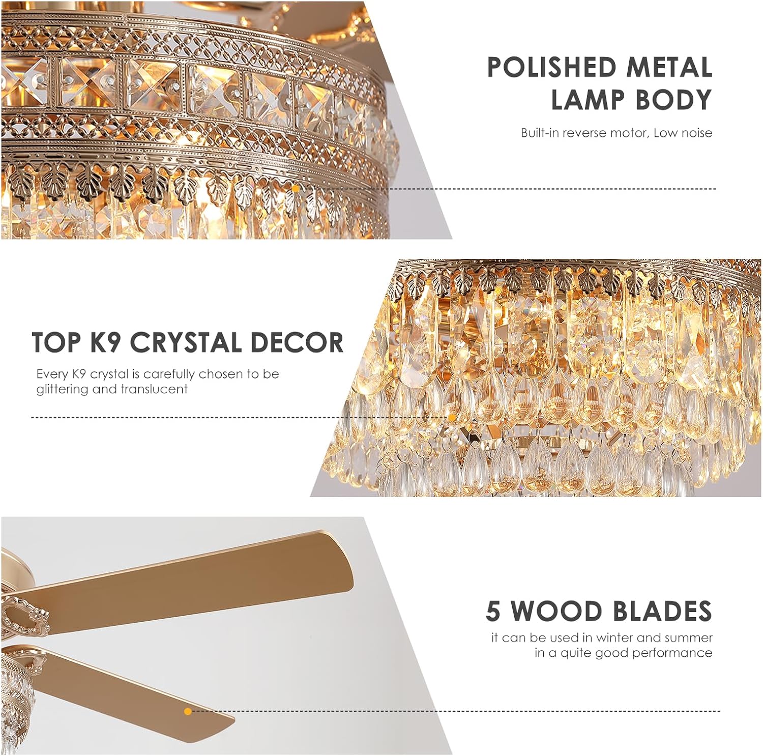 Asyko 62' Golden Crystal Ceiling Fan Fandelier with Lights - Modern Chandelier Fans with Remote Control，Noiseless DC Motor, Retro/Farmhouse Lighting, Dining Room,Living Room
