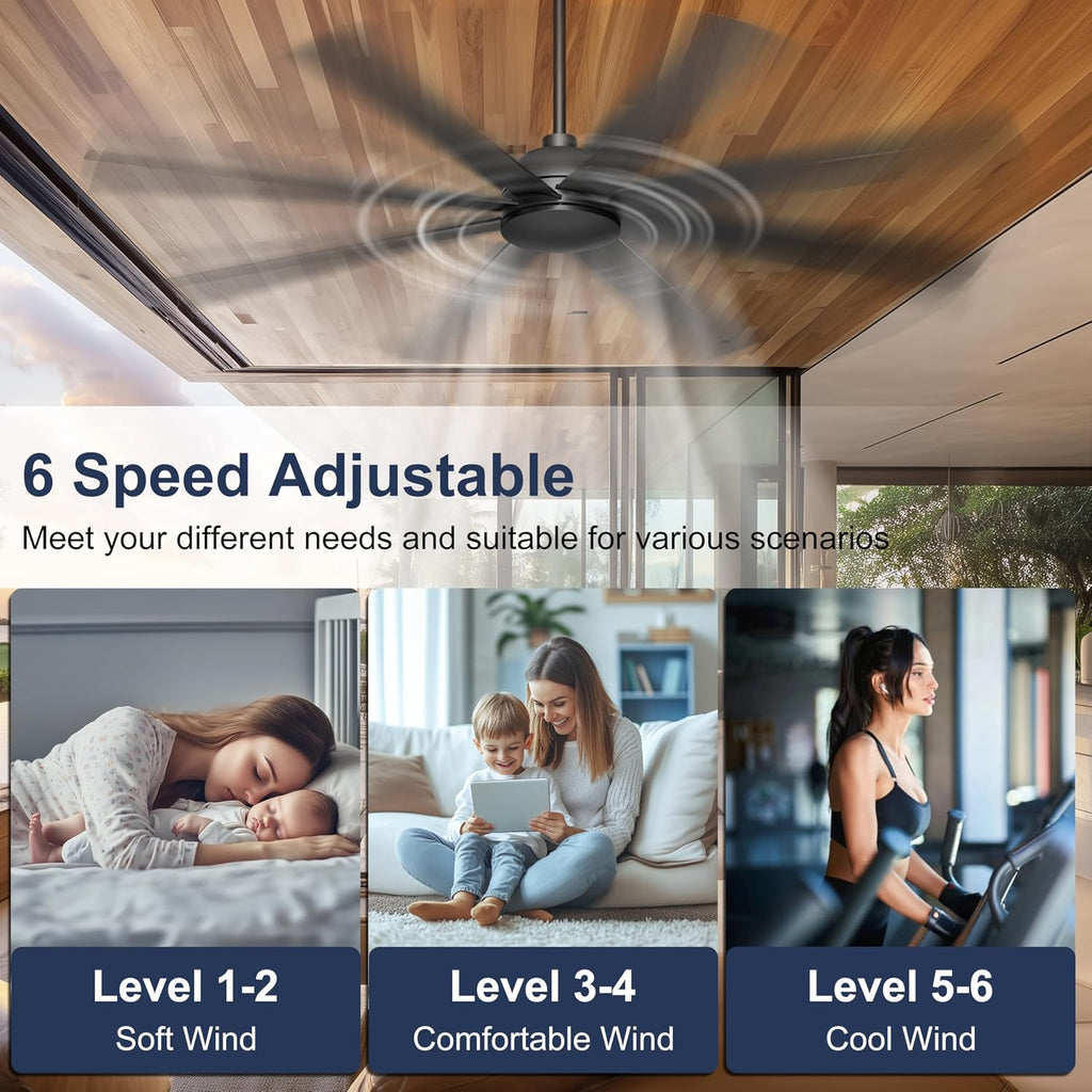 72'' Ceiling Fan no Light - Remote & APP Control, 6 Speed Reversible DC Motor Covered Outdoor Fan for Patio, Shop, Garage, Black without Light