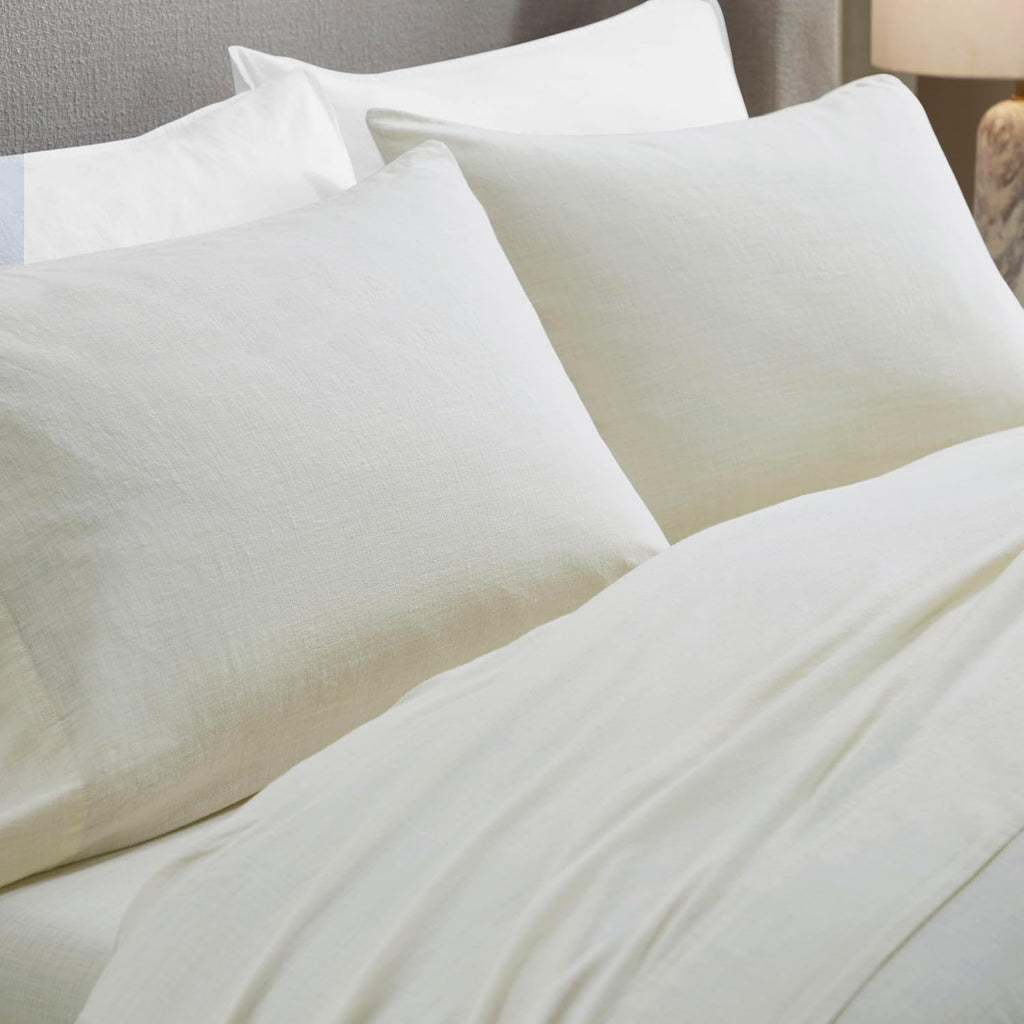 Superior Chloe 100% Cotton Percale Bed Sheet Set, 1 Flat Sheet, 1 Elastic Deep Pocket Fitted Sheet, 2 Pillowcases, Vintage Wash, Boho Chic Decor, Modern Bedroom Essentials, California King, Ivory