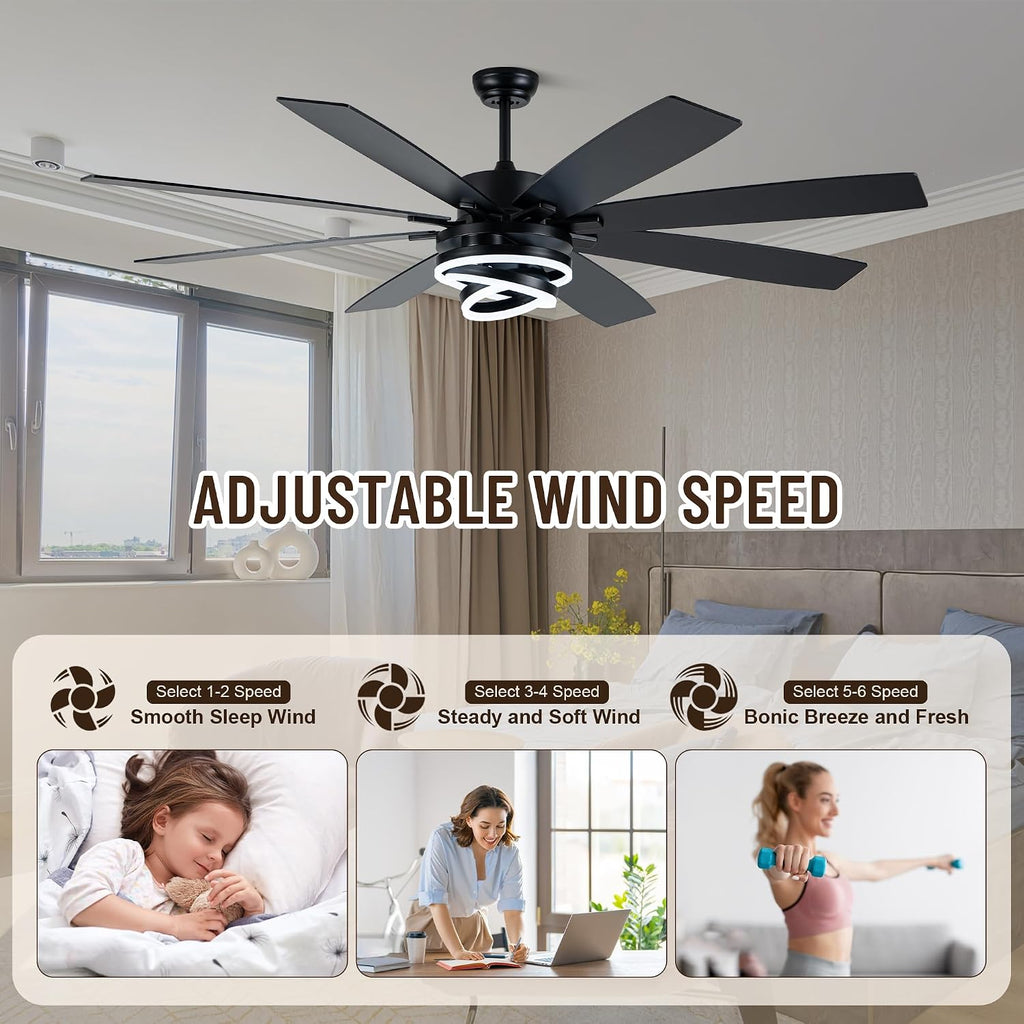 72'' Black Ceiling Fans with Lights and Remote, Indoor/Outdoor Large Chandelier Fan with DIY Rings LED,Fandelier Ceiling Fans with Lights for Living Room/Porch/Patio