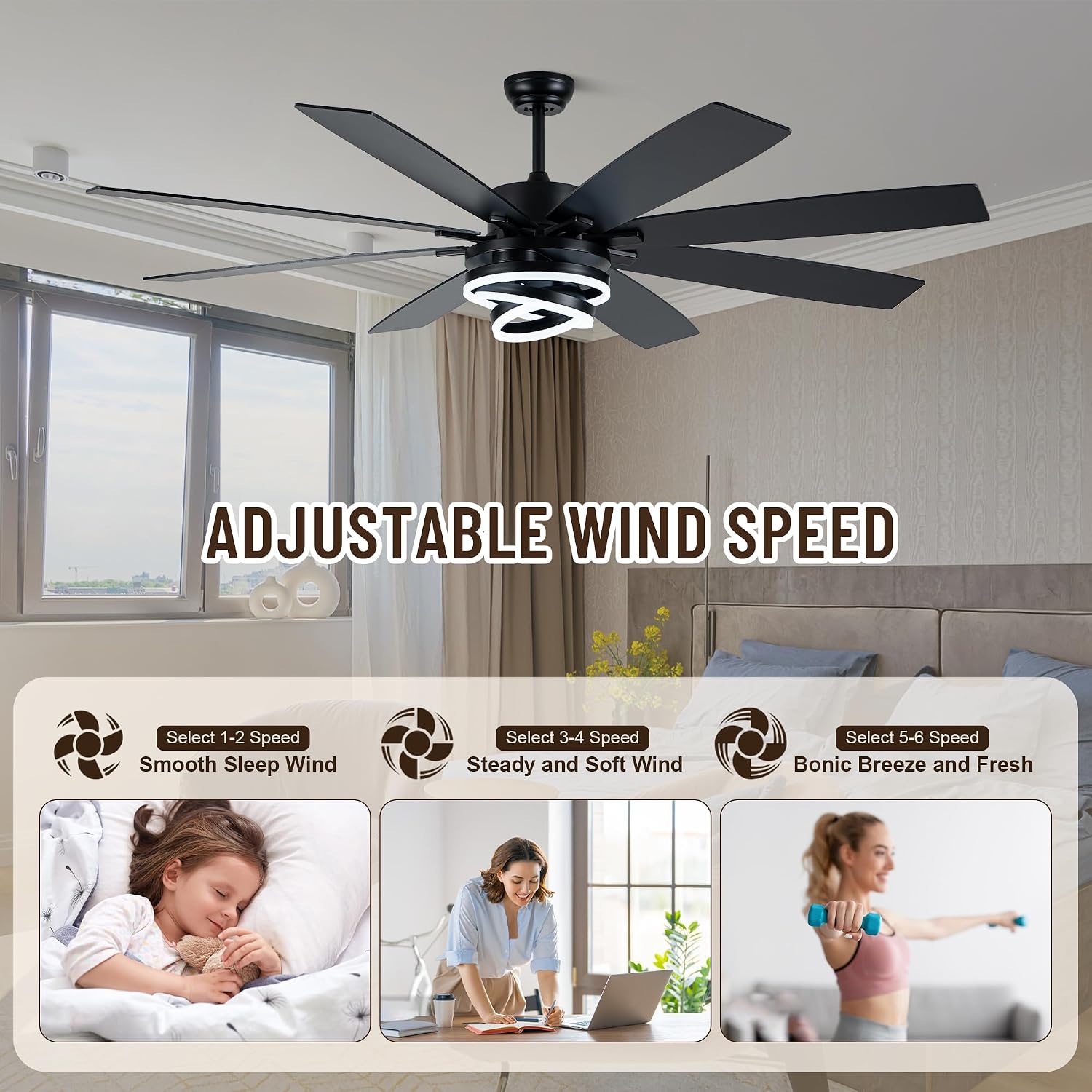 72'' Black Ceiling Fans with Lights and Remote, Indoor/Outdoor Large Chandelier Fan with DIY Rings LED,Fandelier Ceiling Fans with Lights for Living Room/Porch/Patio