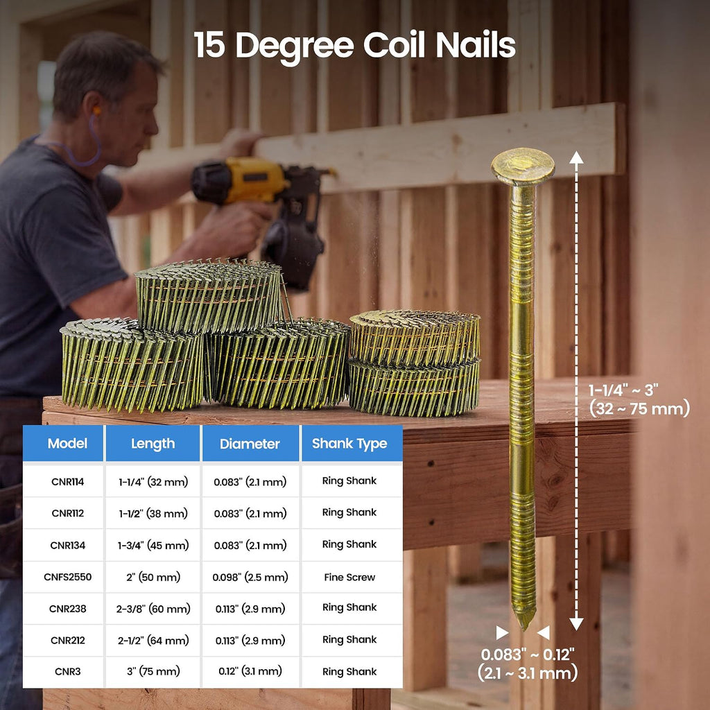 meite Siding Nails 1-3/4 Inch 15 Degree Ring Shank Coil Nails for Siding Nailer Gun, Full Round Head Wire Collated Coil Nails for Vinyl Siding Wood Pallets Fencing Decking Roof Sheathing 14,000PCS