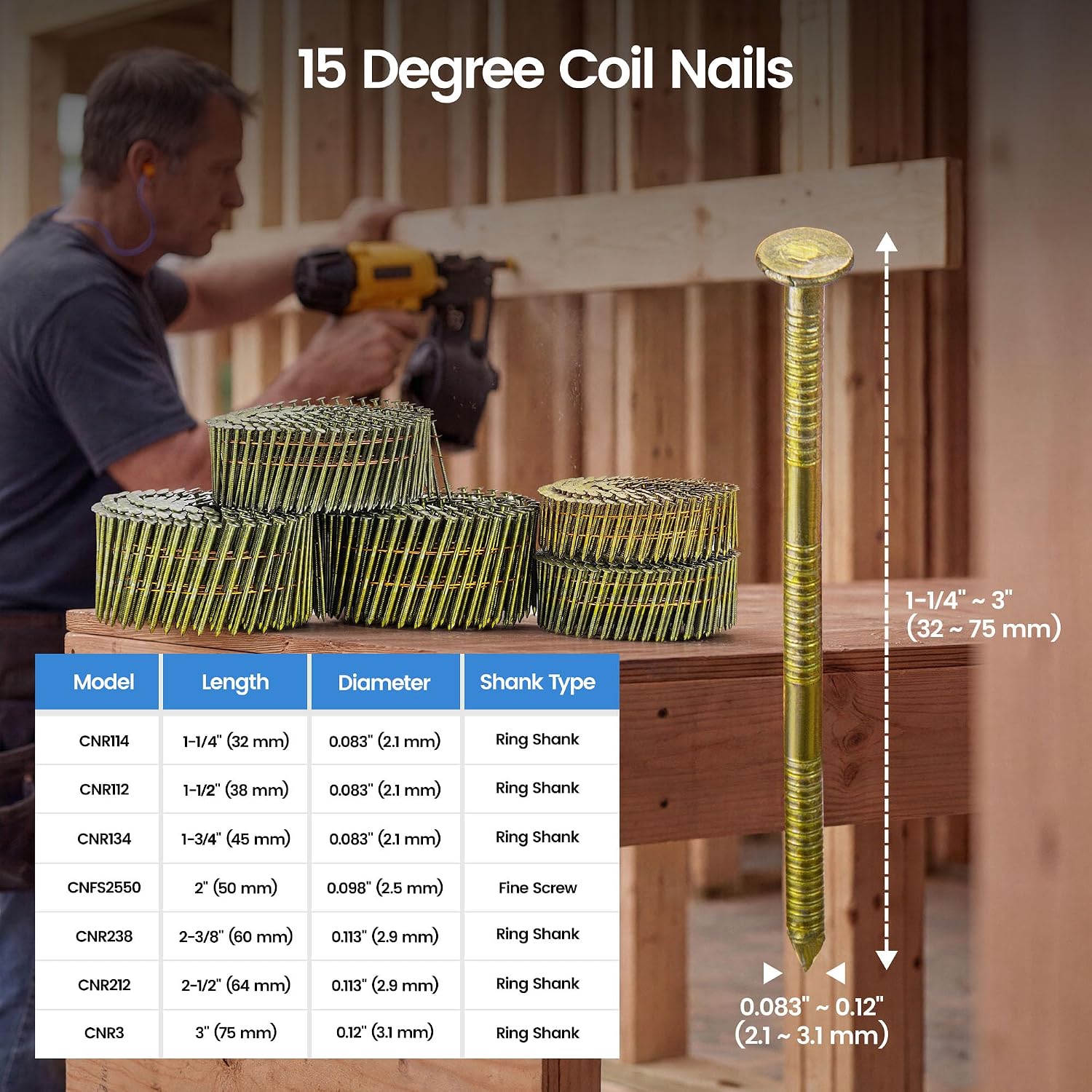 meite Siding Nails 1-3/4 Inch 15 Degree Ring Shank Coil Nails for Siding Nailer Gun, Full Round Head Wire Collated Coil Nails for Vinyl Siding Wood Pallets Fencing Decking Roof Sheathing 14,000PCS