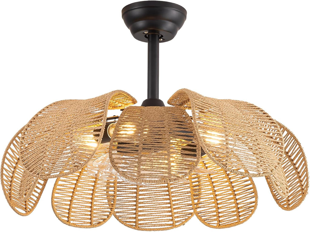 Boho Ceiling Fan with Light, Rattan Fandelier Ceiling Fan with Light and Remote Control, Flower Chandelier Fan for Bedroom, Living Room,Kitchen,Foyer(26 Inch, 6 Speed, Timing Adjustable Height)