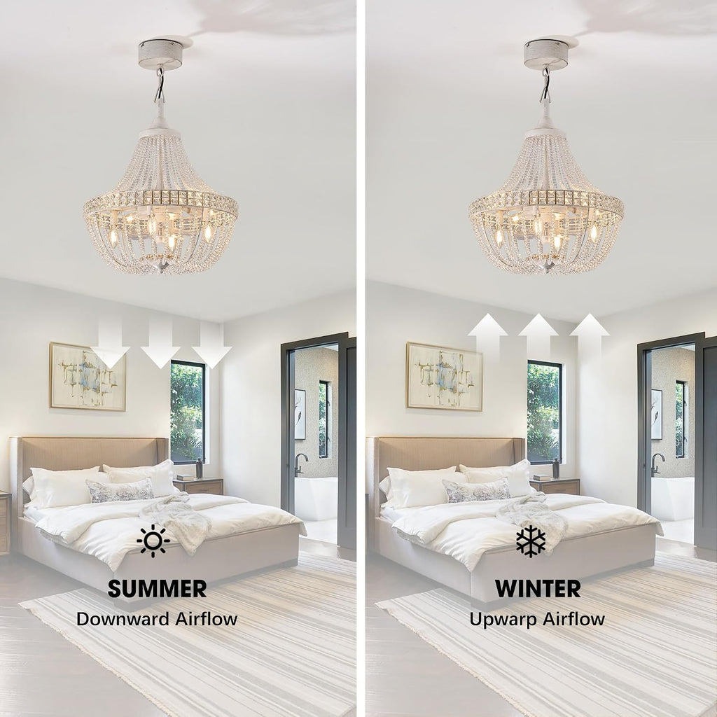 20' Modern Crystal Chandelier Ceiling Fan with Lights, Remote & App Control, 6 Speed, 8-Lights French Empire Fandelier, for Bedroom, Dining Room (Retro White)