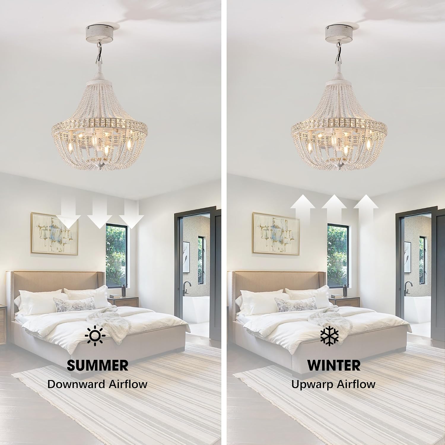 20' Modern Crystal Chandelier Ceiling Fan with Lights, Remote & App Control, 6 Speed, 8-Lights French Empire Fandelier, for Bedroom, Dining Room (Retro White)
