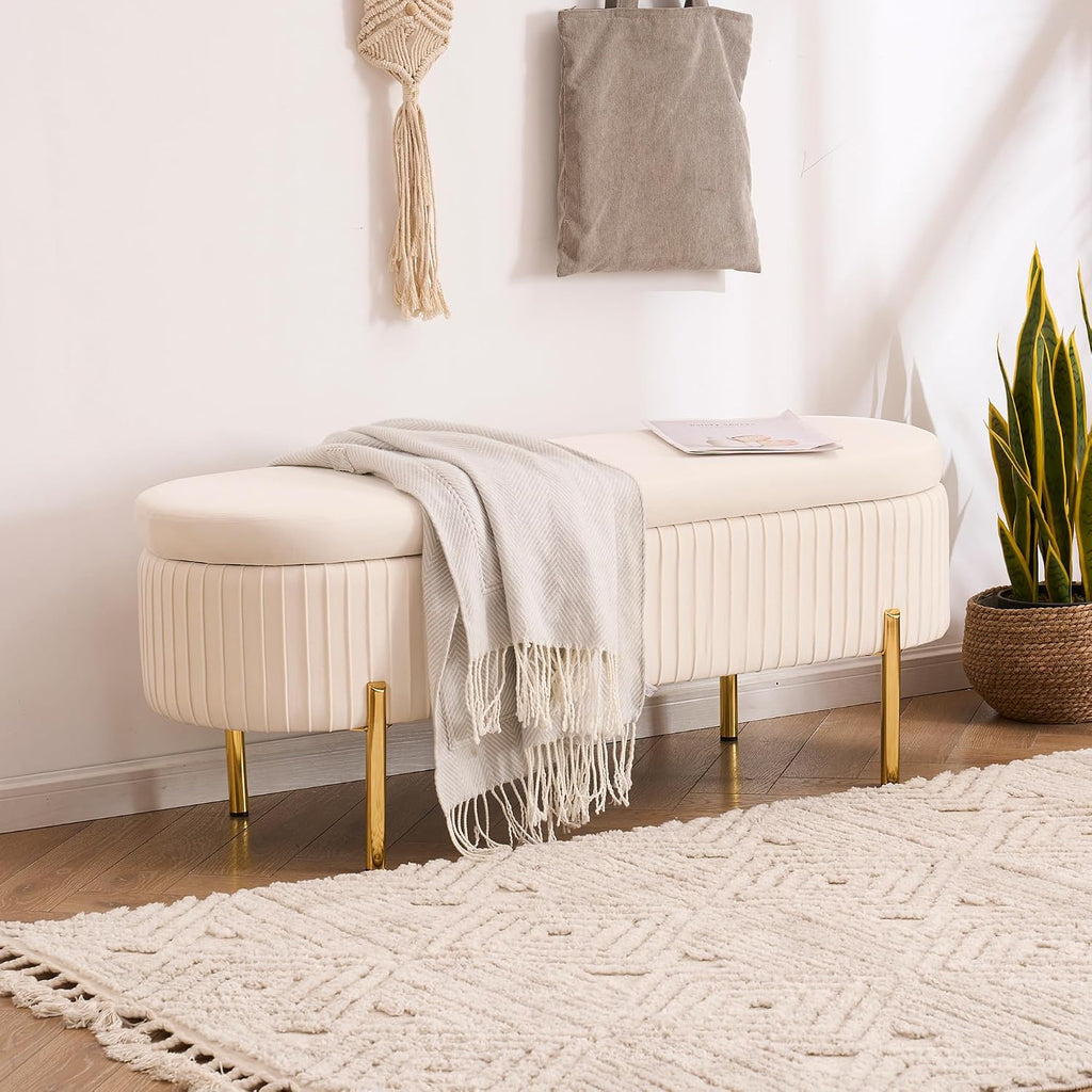Velvet Storage Bench for Bedroom Upholstered End of Bed Bench Modern Ottoman with Gold Legs for Living Room/Window/Entryway (Ivory White, Oval-45.5' W)