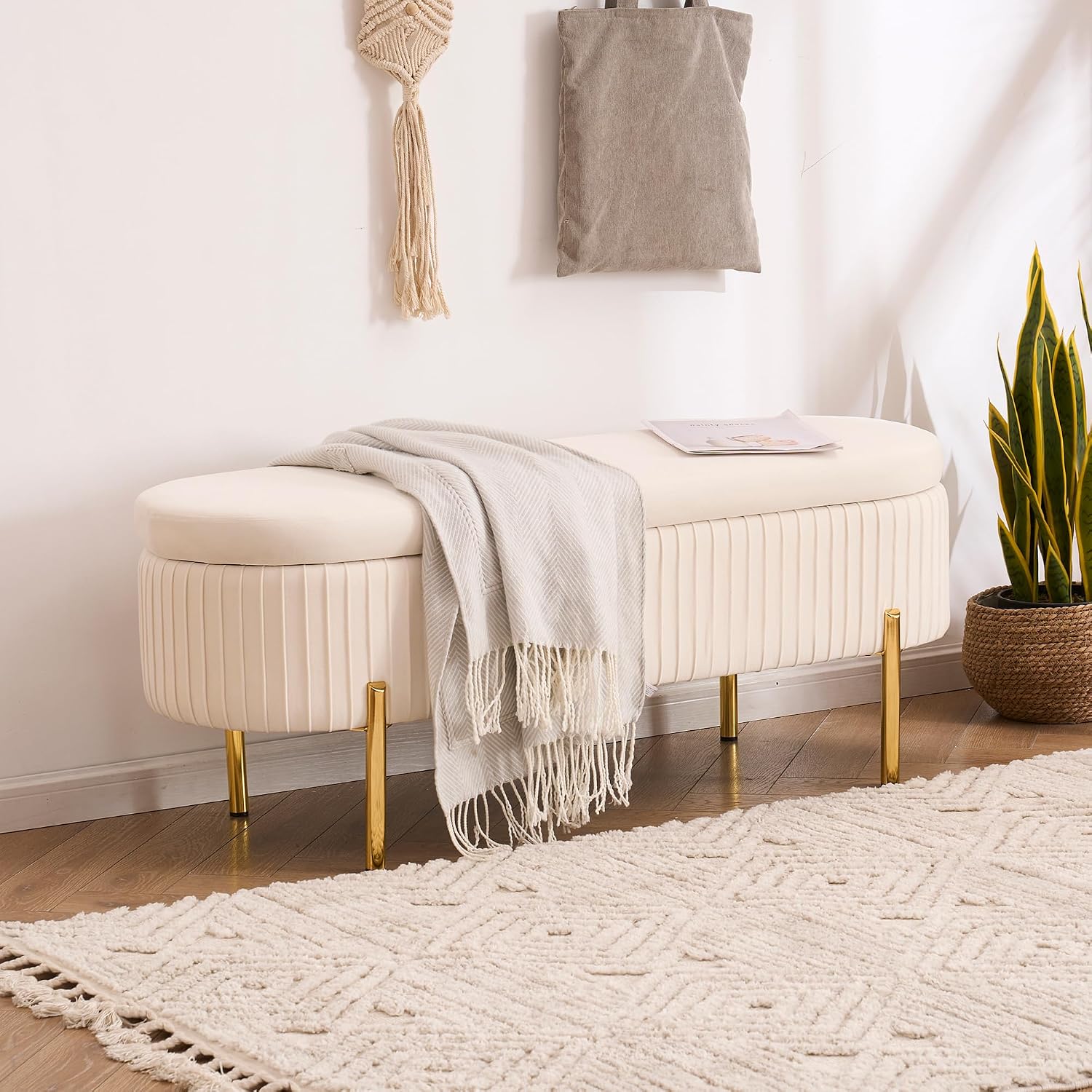Velvet Storage Bench for Bedroom Upholstered End of Bed Bench Modern Ottoman with Gold Legs for Living Room/Window/Entryway (Ivory White, Oval-45.5' W)