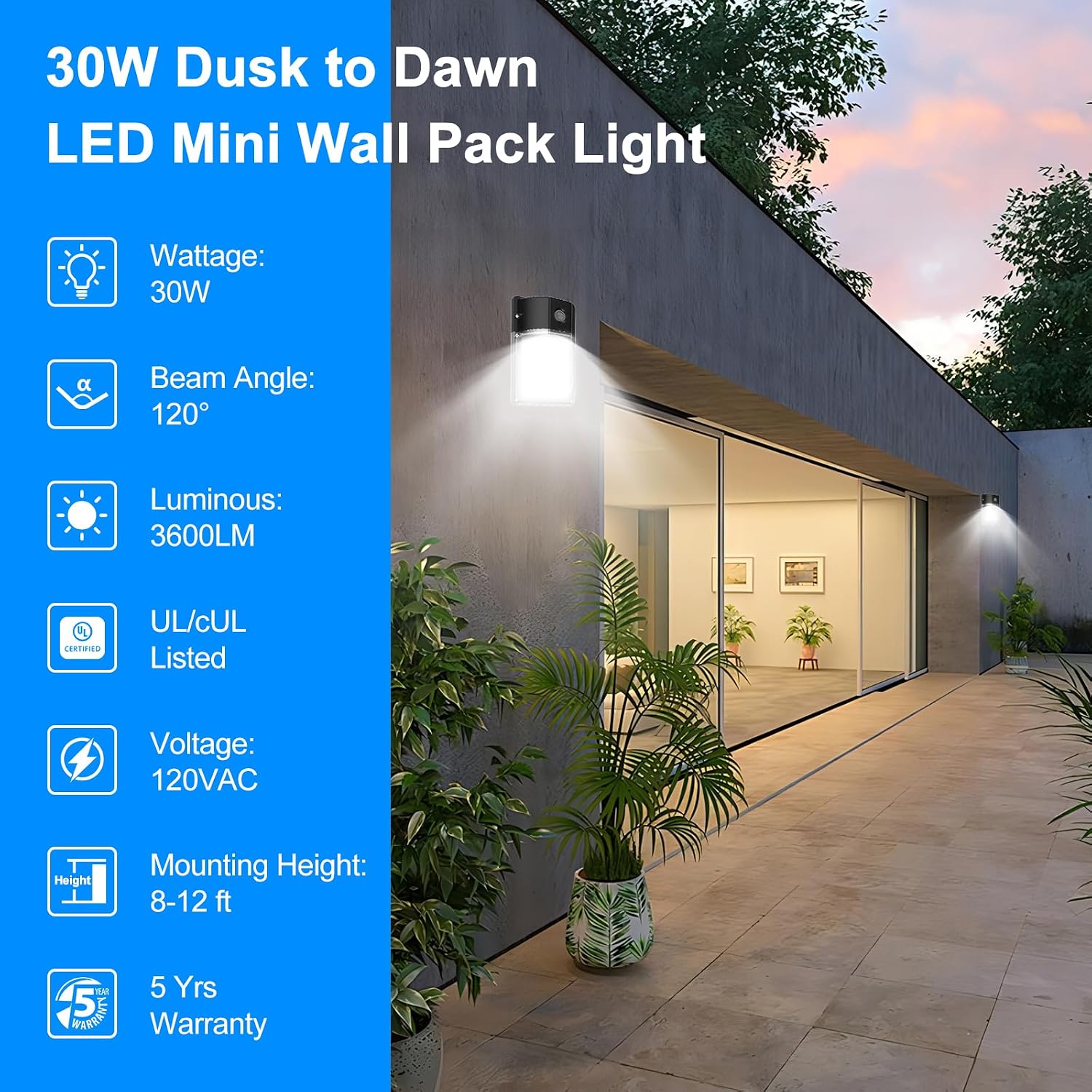 30W LED Wall Pack Light, Dusk to Dawn Outdoor Lighting Sensor, 3600LM, 5000K, LED Outdoor Wall Lights, 120Vac IP65 Waterproof Security Flood Light for Commercial, Porch, Garage, Garden, 6 Pack