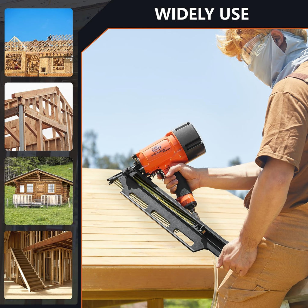 NR2183 High Speed Framing Nailer with Aluminum Magazine, 21 Degree Pneumatic Framing nail gun, 2-Inch up to 3-1/4-Inch Collated Full Head Framing Nails, Framing, Wooden House Building