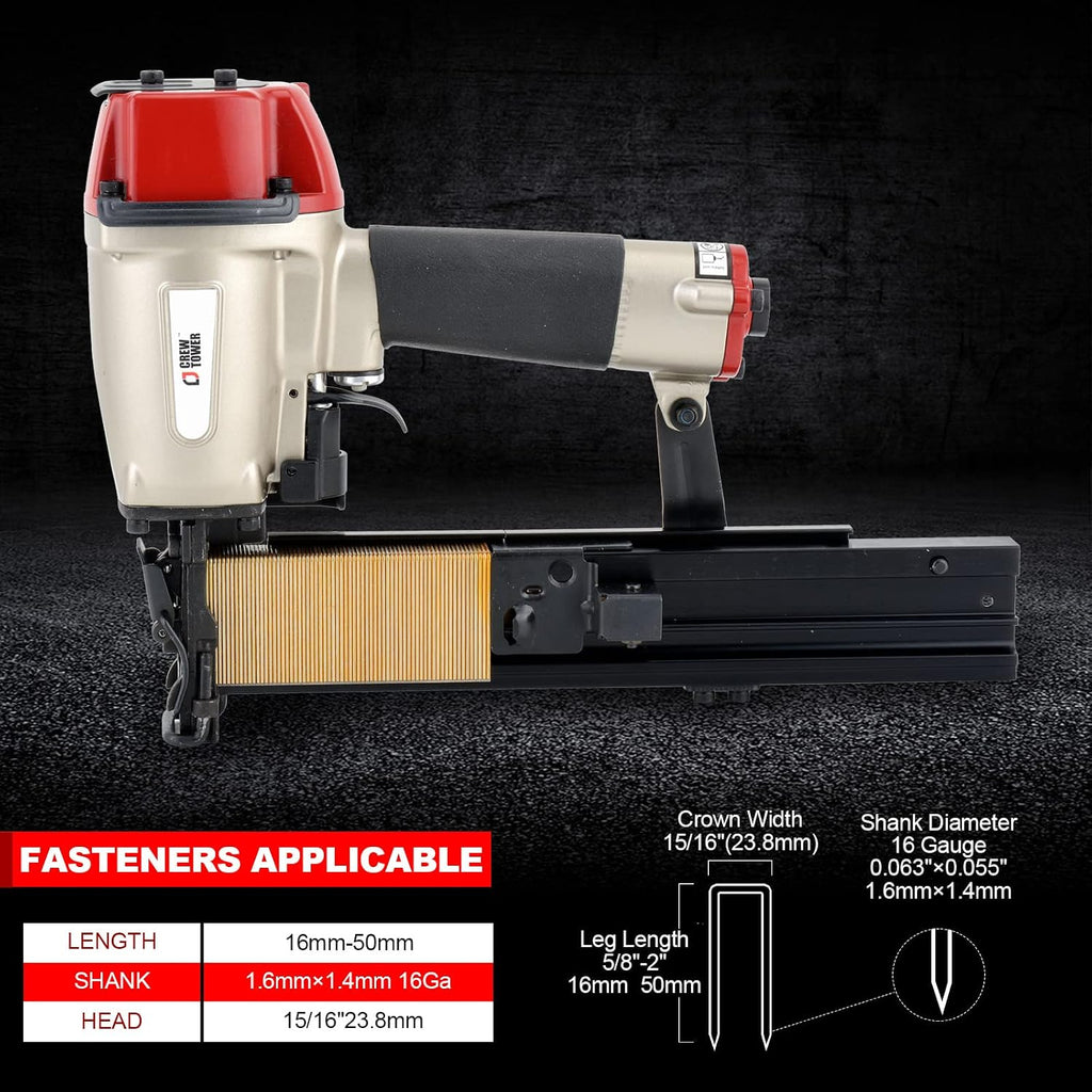 Construction Stapler, 16 Gauge 15/16-inch Wide Crown, Pneumatic Air Staple Gun for Fence Wire Wood Lathes Slats Furniture Frames Pallets and Finish, Heavy Duty