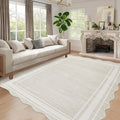 GarveeHome Washable Scalloped Rug 10x13 Area Rugs, Modern Neutral Living Room Rugs, Large Washable Solid Farmhouse Carpet Abstract Bordered Carpet for Bedroom Apartment Table Dorm Nursery, Cream