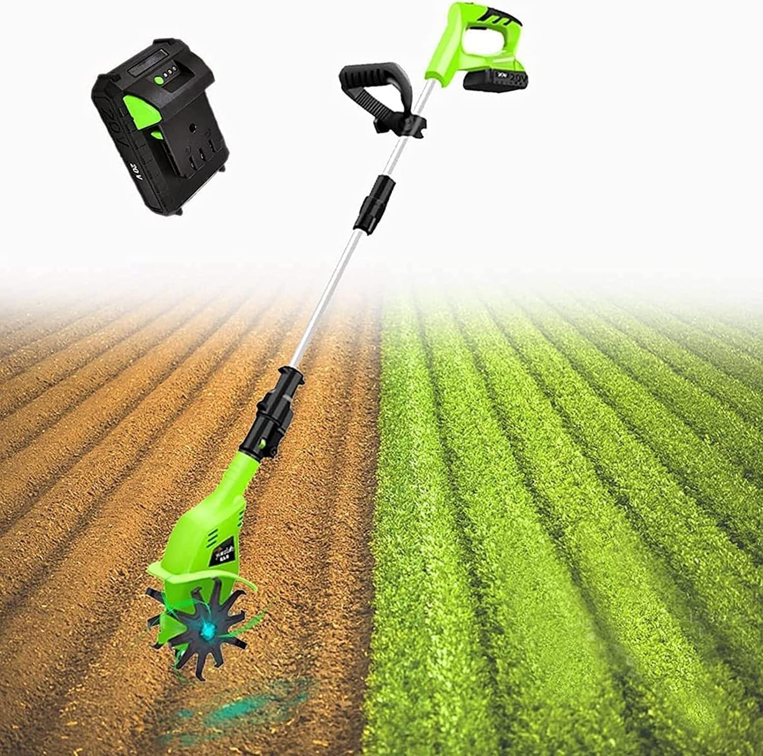 LXXW Electric Tiller 20V Electric Tiller, Cordless Tiller with Lithium Battery, Working Width 10 cm, Depth 25 cm, Speed 250 RPM Electric Cultivator