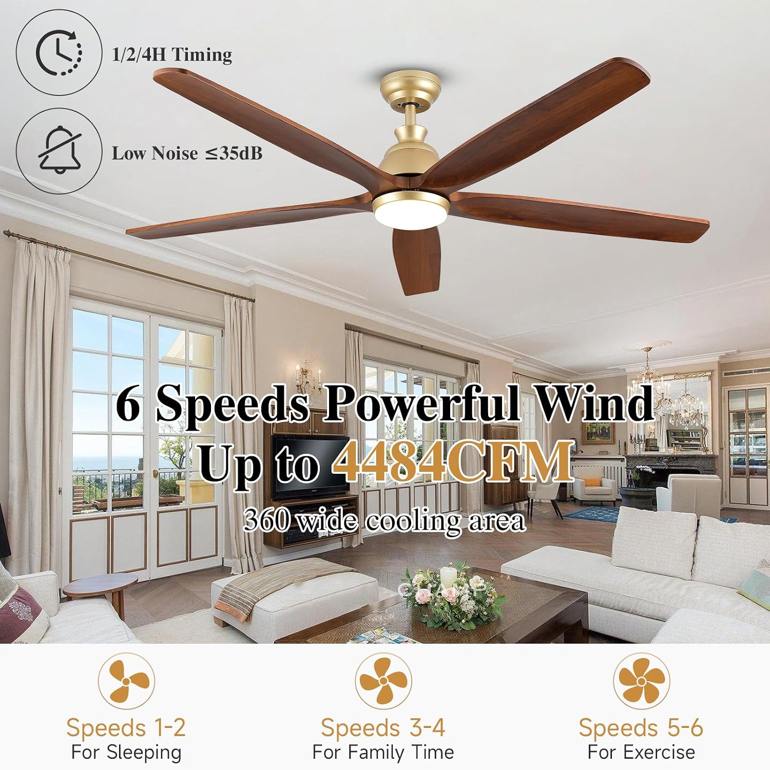 52 Inch Ceiling Fan with Light and Remote Control, Damp Rated Outdoor Fan for Patios, 5 Wood Bladesd and 3 Gold Downrods, 6-Speed Wind, Reversible DC Fan for Modern Farmhouse Office