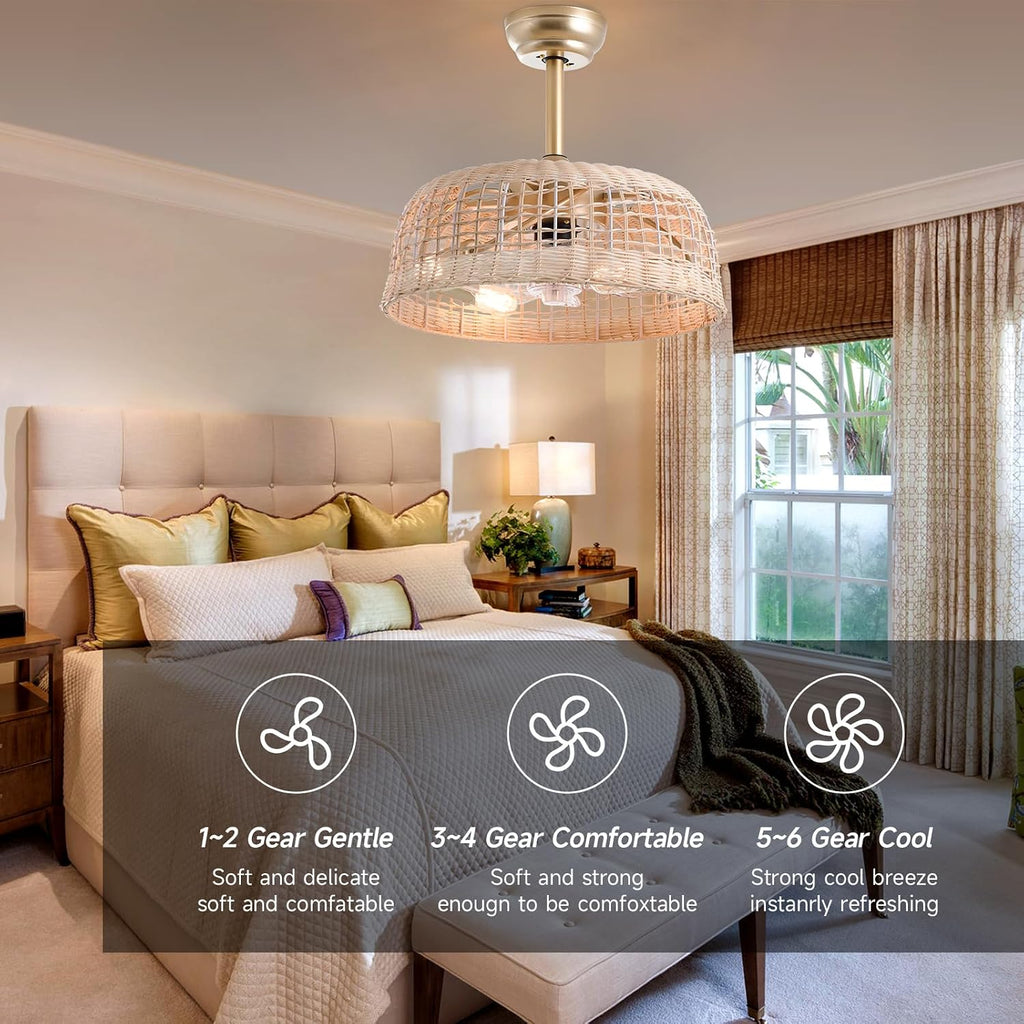 Boho Ceiling Fans with Lights 18.9in Wicker Fandelier Caged Ceiling Fan with Lighting Rattan Fandeliers for Bedroom Kitchen Dining Room Nursery Living Room, Remote Control 6 Speeds E26 Base