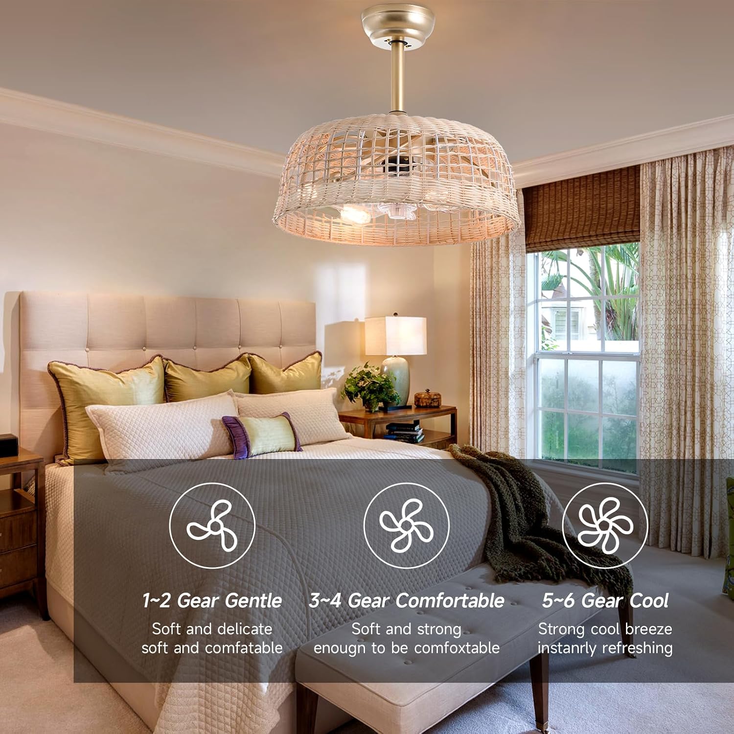 Boho Ceiling Fans with Lights 18.9in Wicker Fandelier Caged Ceiling Fan with Lighting Rattan Fandeliers for Bedroom Kitchen Dining Room Nursery Living Room, Remote Control 6 Speeds E26 Base