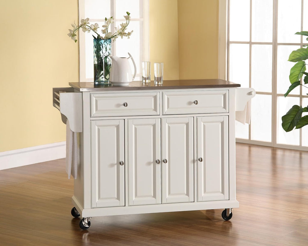 Crosley Furniture Full Size Stainless Steel Rolling Kitchen Island Storage Cart, Microwave Stand, Spice Rack, White