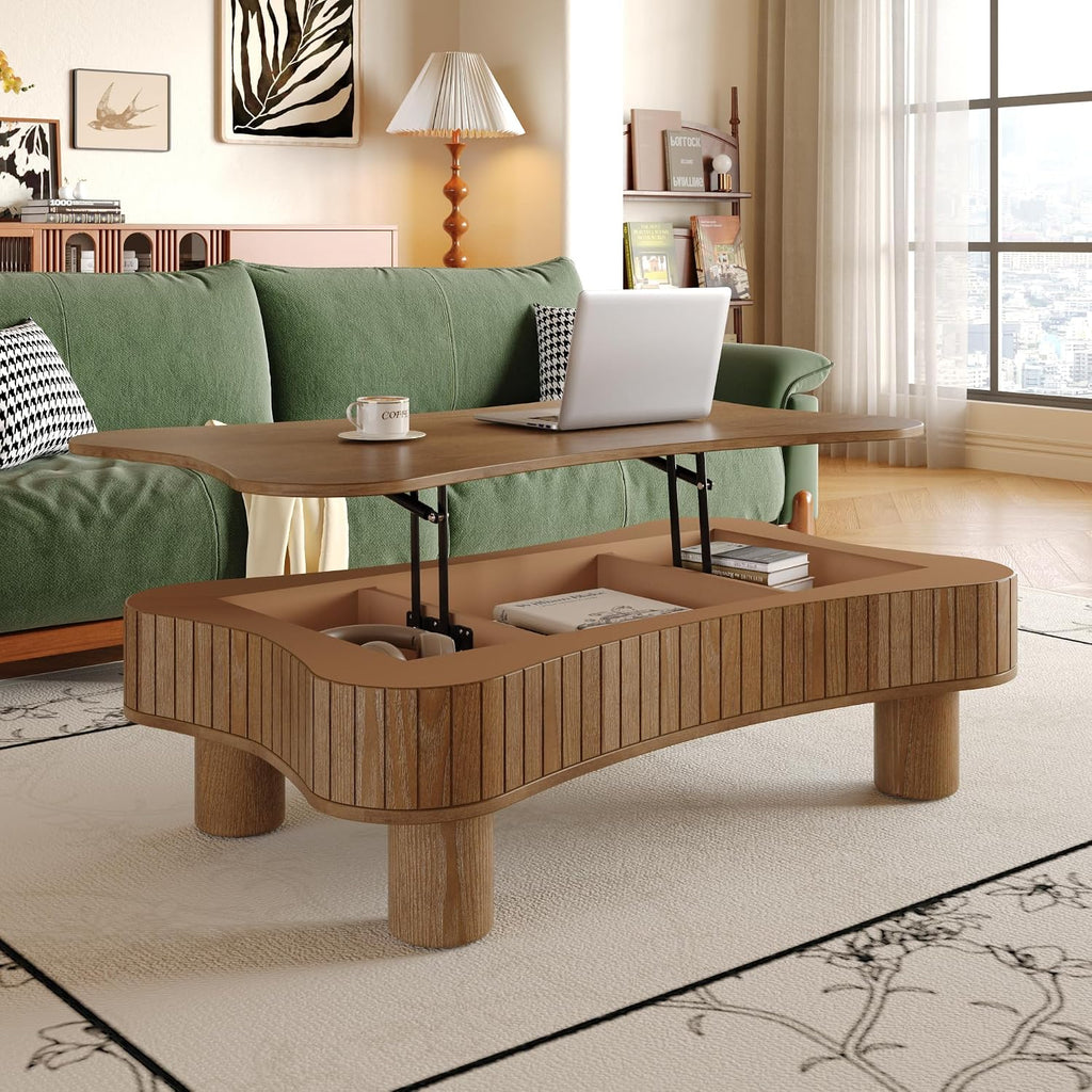 Zurnes Lift Top Coffee Table with Storage, 42' Accent Table for Living Room, Fluted Panel Hidden Storage, Silent Hydraulic Lift, Curved Corners, Easy Assembly, Walnut