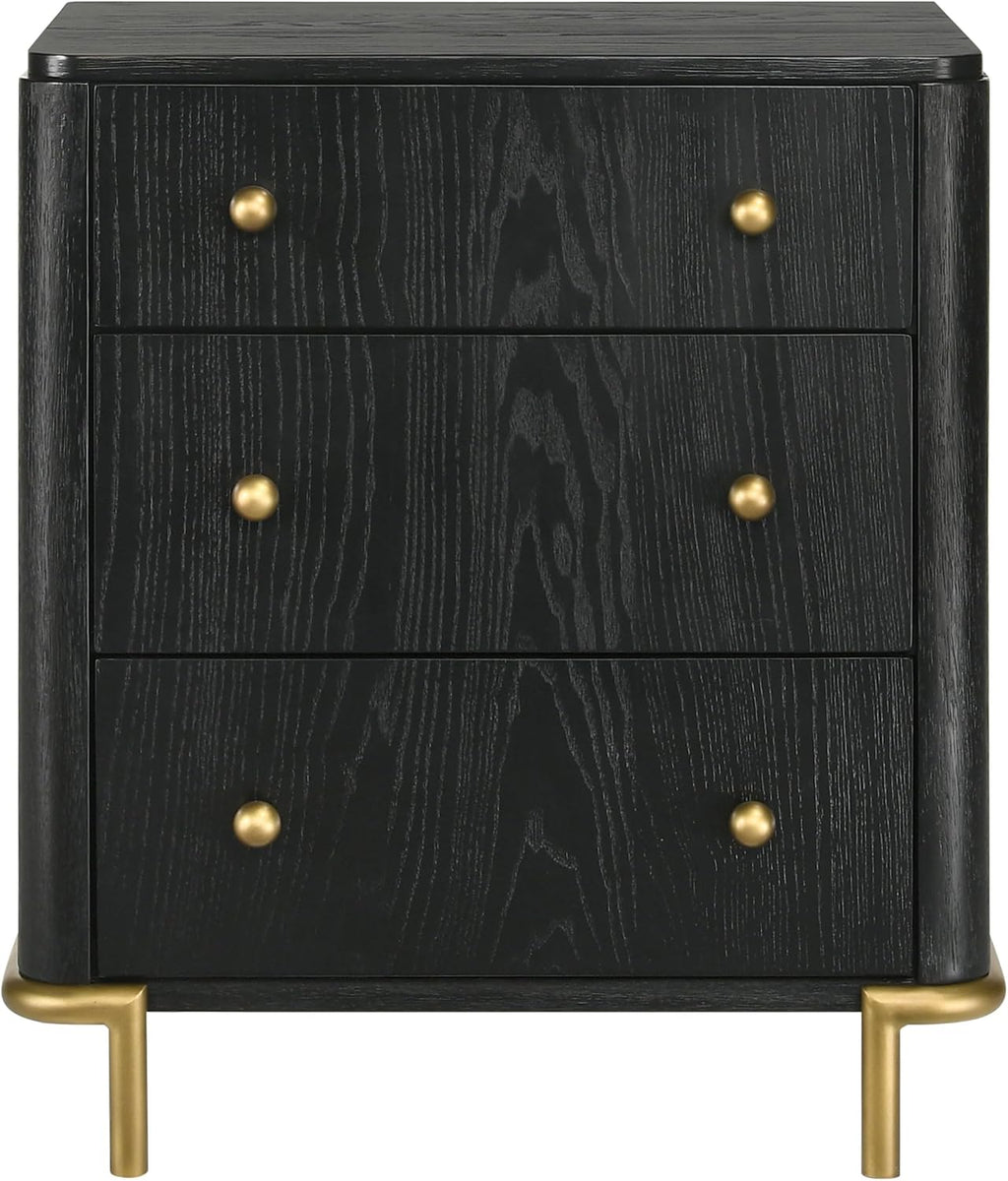 Coaster Home Furnishings - Arini - Wood - 3-Drawer Nightstand with Dual USB Ports, Felt-Lined Top Drawer, Aged Brass Round Knobs and Metal Base - Bedroom - Black - 224332