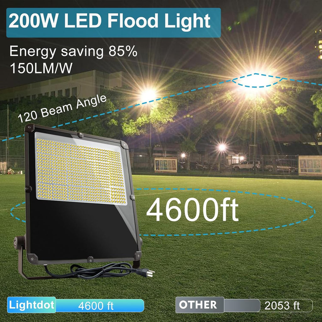 200W LED Flood Light Outdoor 30000Lm Led Stadium Light with Dusk to Dawn photocell, IP65 AC100-277V Commercial Area Lighting with Plug for Backyard/Basketball Court-2Pack