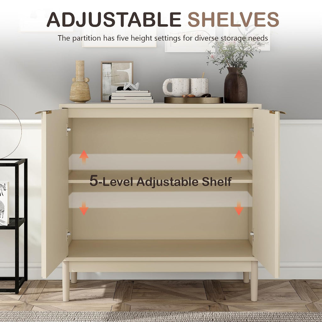 Otterease Fluted Sideboard with Storage, Buffet Cabinet Sideboard with Door, Kitchen Buffet Storage Accent Cabinets with Adjustable Shelves for Living Room, Entry, Hallway, Beige