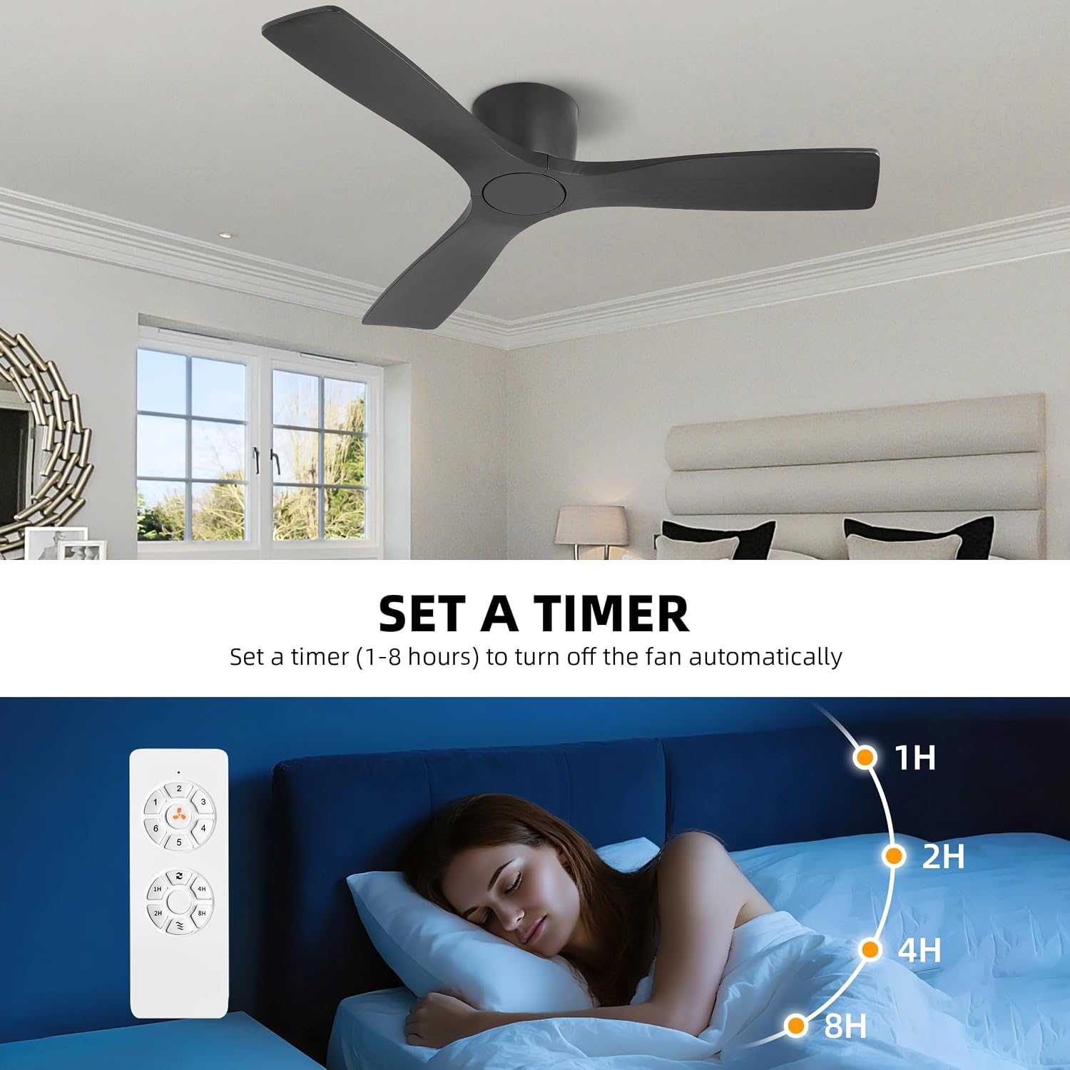 WINGBO 48 Inch Flush Mount DC Ceiling Fan without Lights, 3 Carved Wood Blades, 6-Speed Noiseless Reversible DC Motor, Hugger Ceiling Fan No Lights in Black Finish, ETL Listed