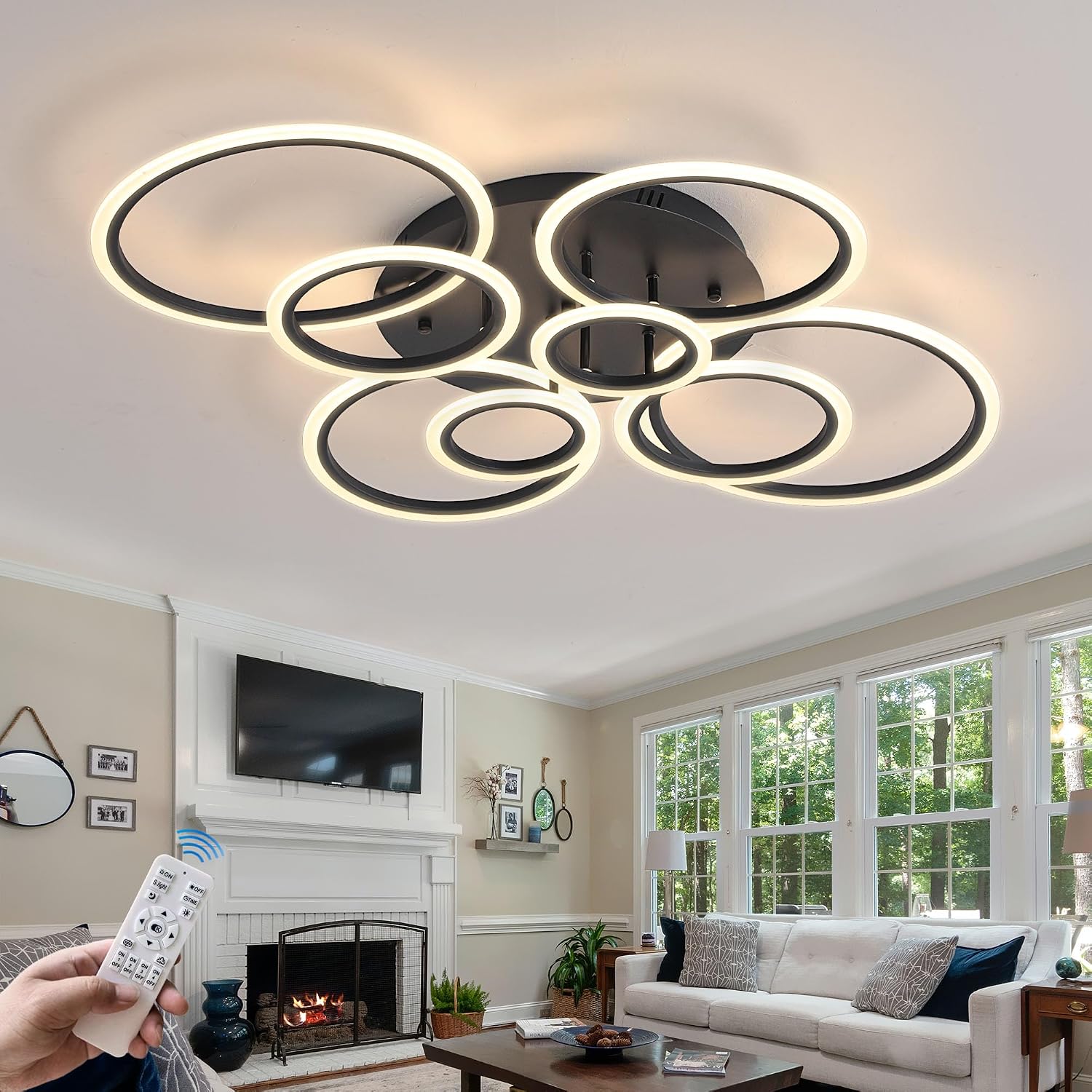Modern LED Ceiling Light 41inch with Remote Dimmable 8 Ring Flush Mount Ceiling Light Fixture for Living Room Bedroom Kitchen Dining Room (Black)
