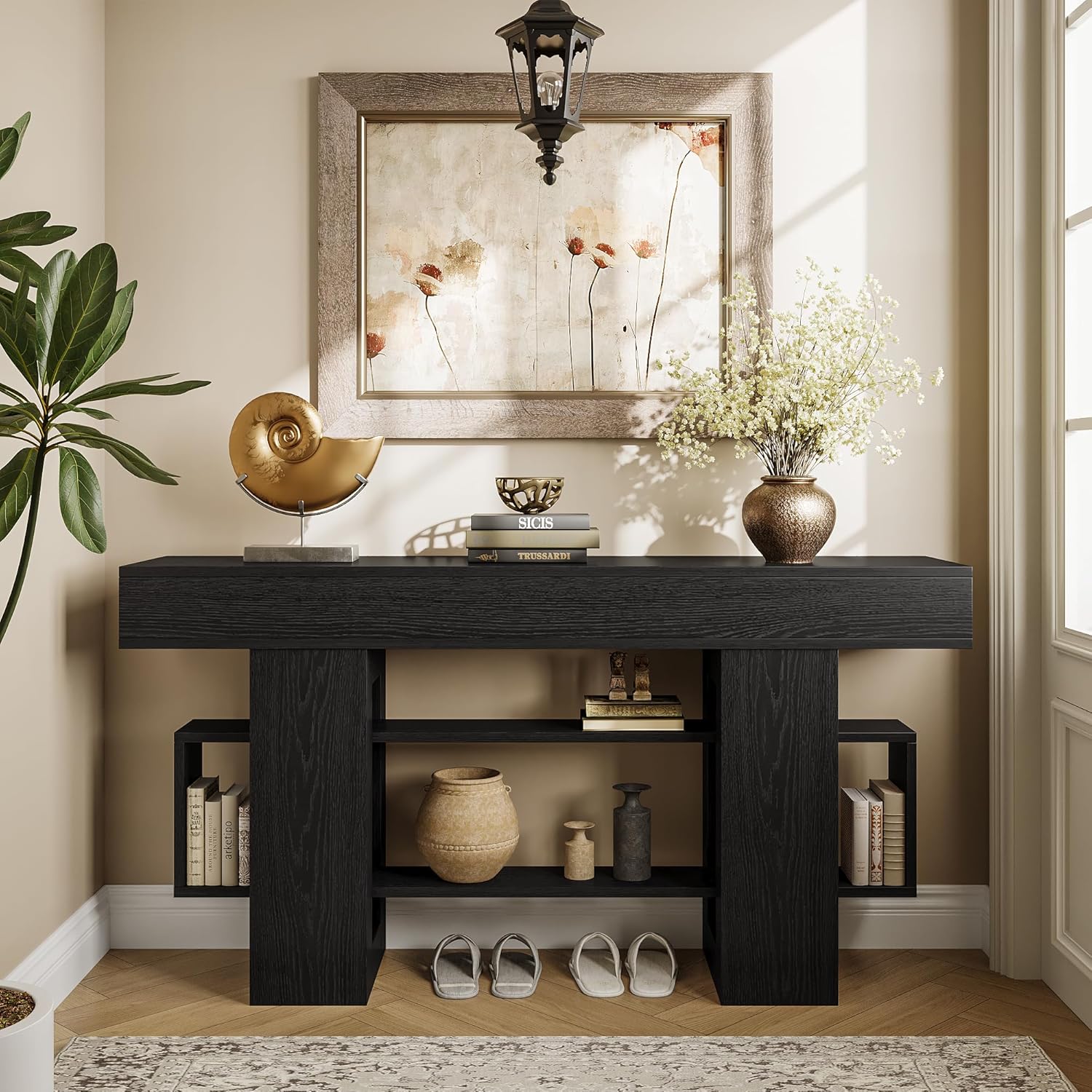 Einhomn 63 Inch Long Console Table for Entryway, Modern Wooden Sofa Table Behind Couch with 3-Tier Storage Shelf, Narrow Entry Accent Table for Living Room, Hallway, Foyer, Black