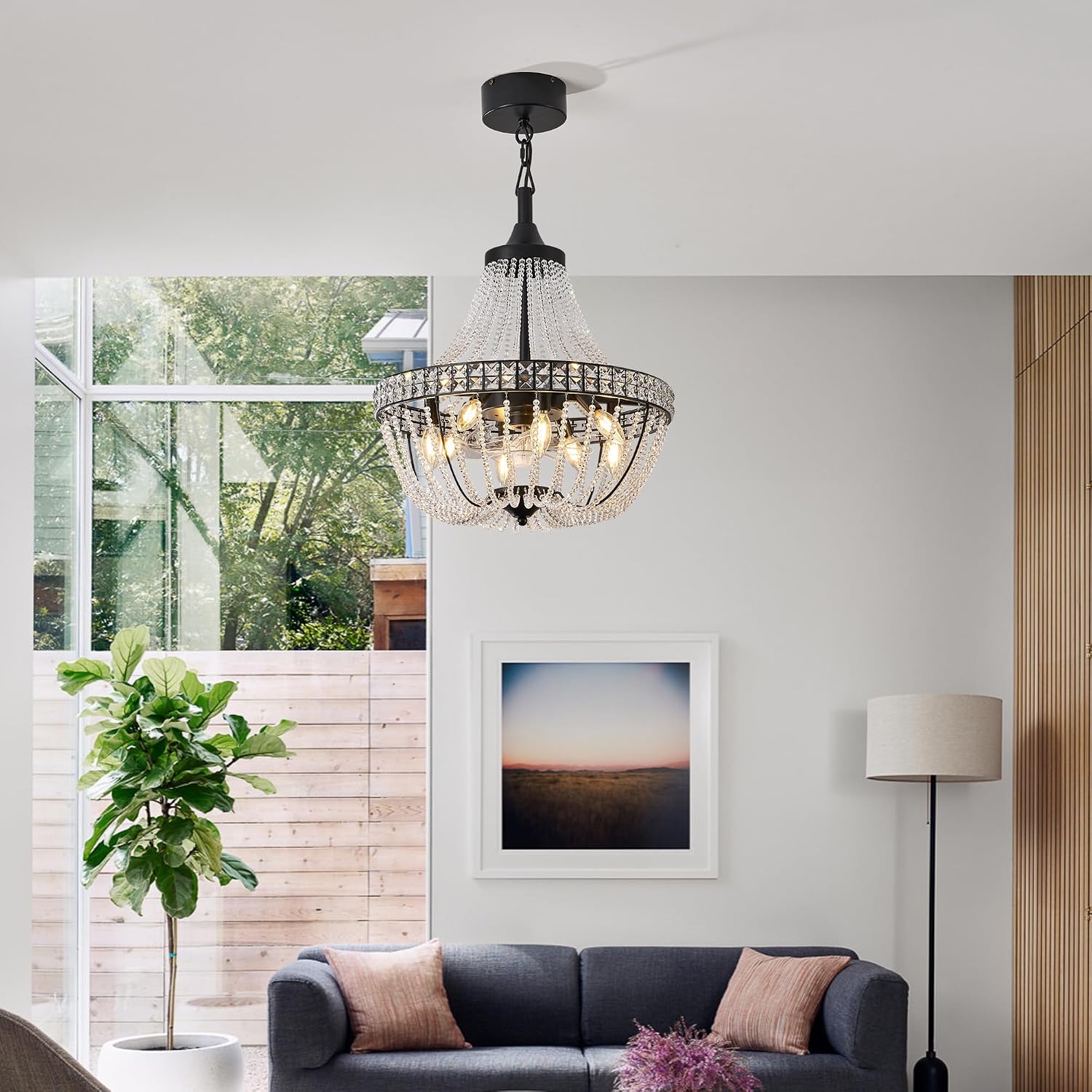 20 inch Crystal Chandelier with Ceiling Fan, Remote & App Control, Reversible DC Motor, French Empire Fandelier for Dining Room, Bedroom, Kitchen