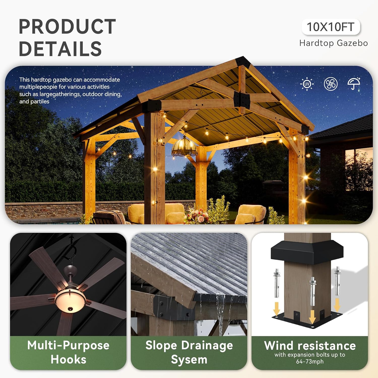 Aoxun 10' x 10' Outdoor Wood Gazebo with 20' Ceiling Fan with Light, Hardtop Gazebo Permanent Wooden Pavilion with Galvanized Steel Gable Roof, for Patio, Garden, Backyard, Cedar Wood