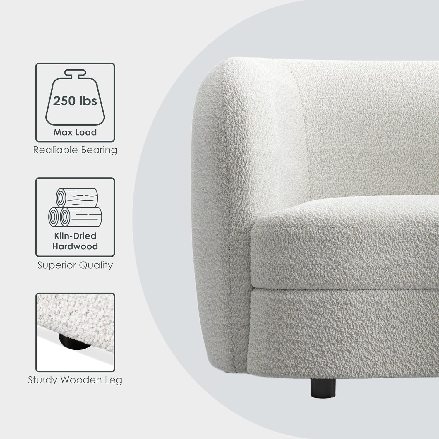 Furniture of America Nimiane Modern Boucle Barrel Chair with Curved Arms and Wooden Legs, Fabric Upholstered Armchair, Comfy Sofa Chair for Living Room, Bedroom, Home Office, Off-White