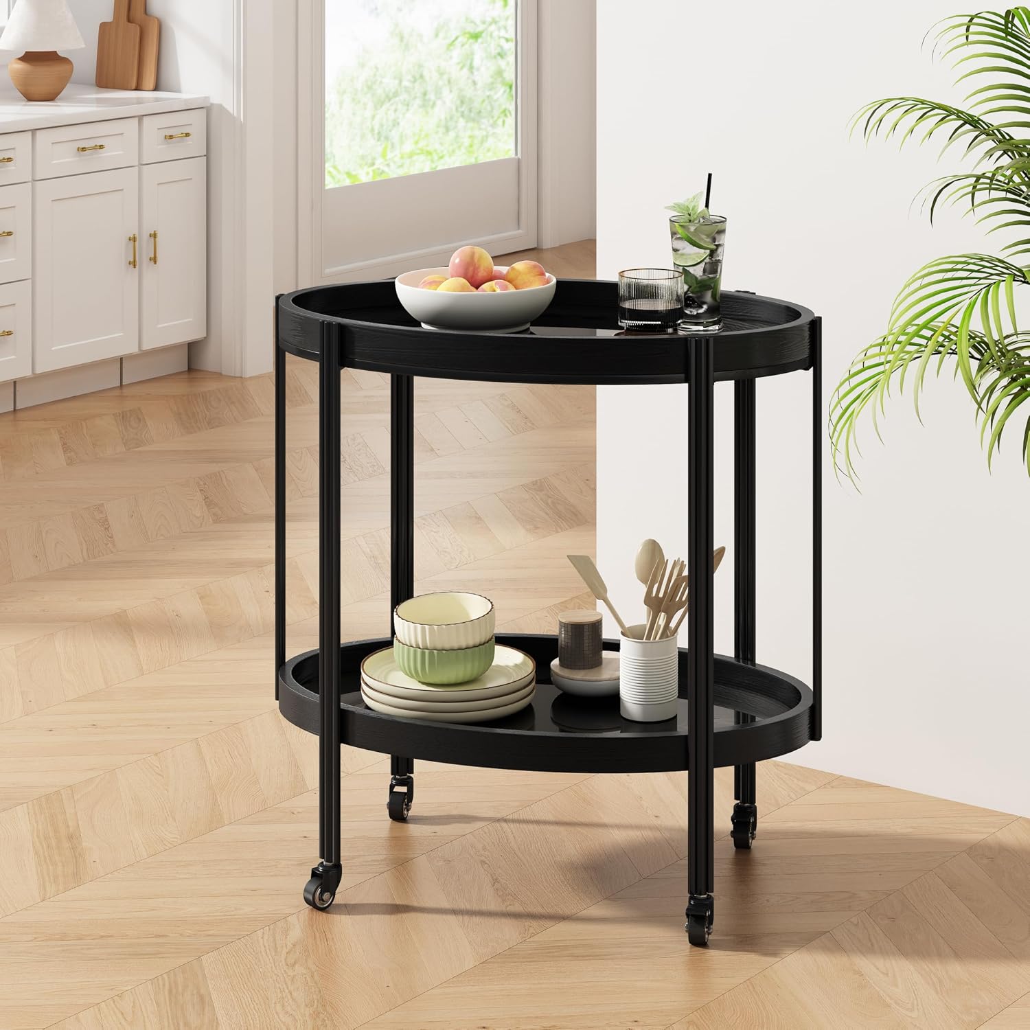 Christopher Knight Home Liz Bar Cart with Wheels, Oval Serving Cart with 2 Tempered Glass Shelves for Home Bar/Kitchen, 2 Tier Storage Drink Trolley, Beverage Cart with Metal and Wood Frame, Black