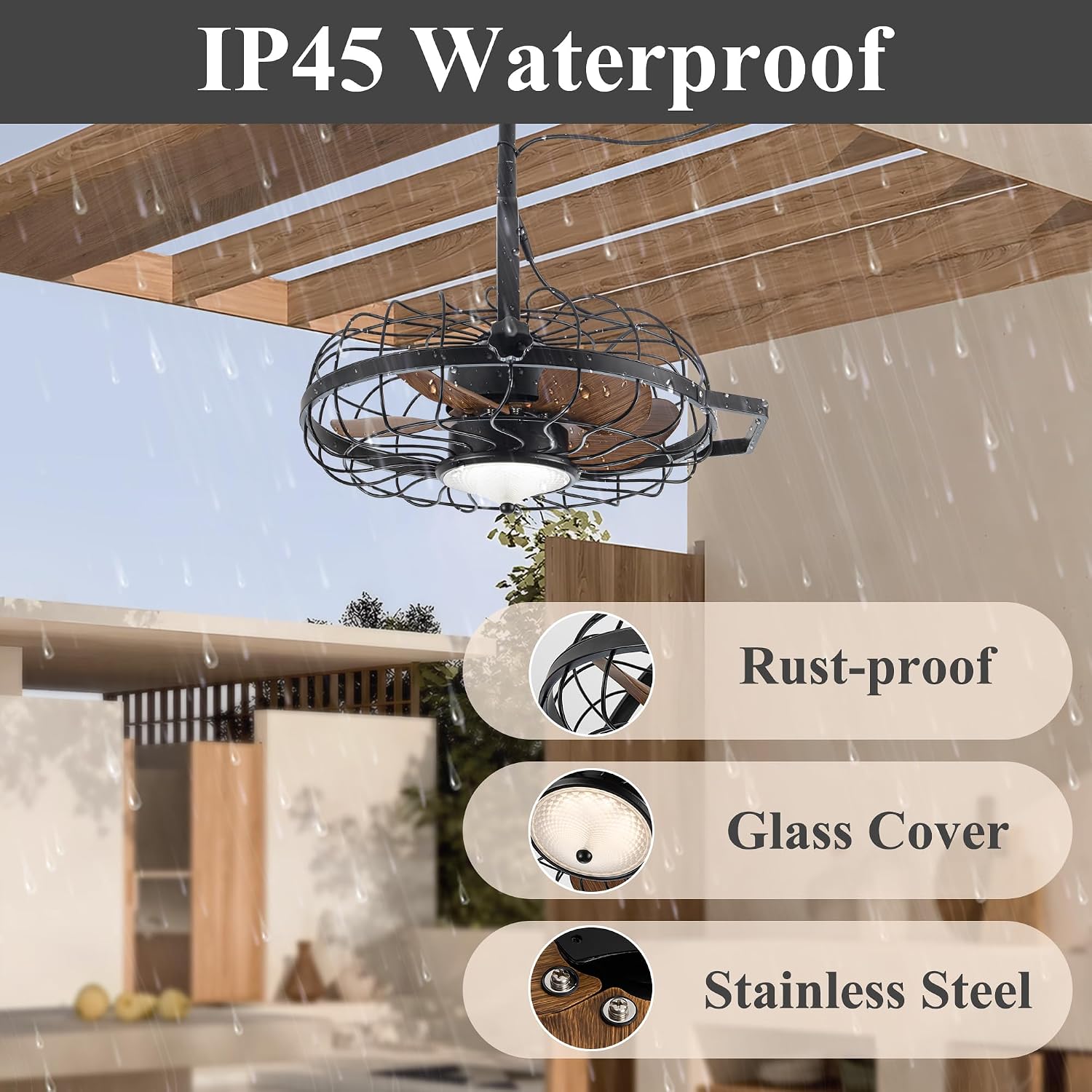 NORFOLK Waterproof Ceiling Fans with Lights, Garage Ceiling Fan with Plug In Cord, 20'' Remote Control with Dimmable LED for Workshop, Gazebo, Patios, Pergola