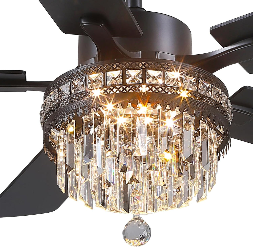 Asyko Crystal Ceiling Fan Fandelier with Lights - 46' Crystal Ceiling Fans with Noiseless DC Motor, Retro/Farmhouse Lighting, Dining Room,Living Room