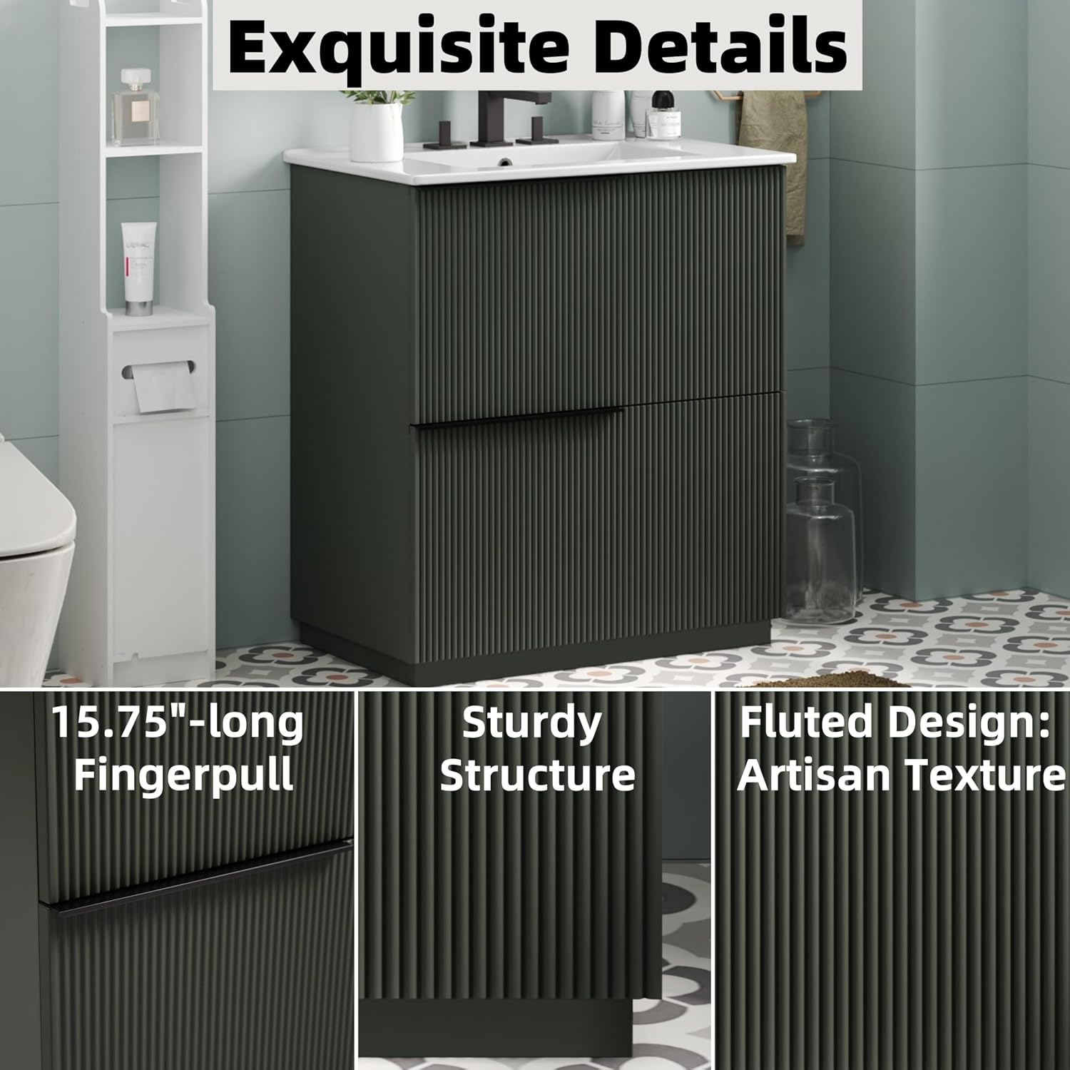 Christopher Knight Home Byron 30' Bathroom Vanity with Sink, Modern Freestanding Bathroom Sink Cabinet with Drawer, Undermount Vanity Sink Cabinet, Bathroom Storage Cabinet with Sink Combo Set, Green
