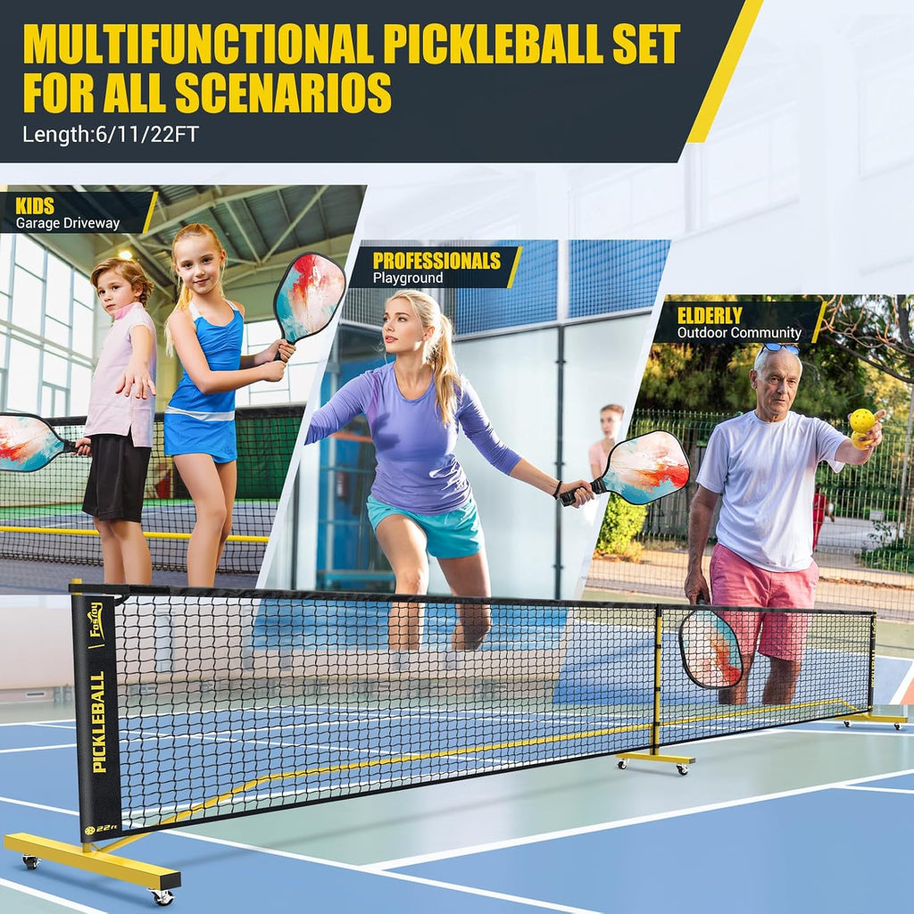 Pickleball Set Net with 4 Paddles, 6FT/11FT/22FT Portable 3-in-1 Pickle Ball Net with Carry Bag, Pickleballs, Designed for All Weather Conditions