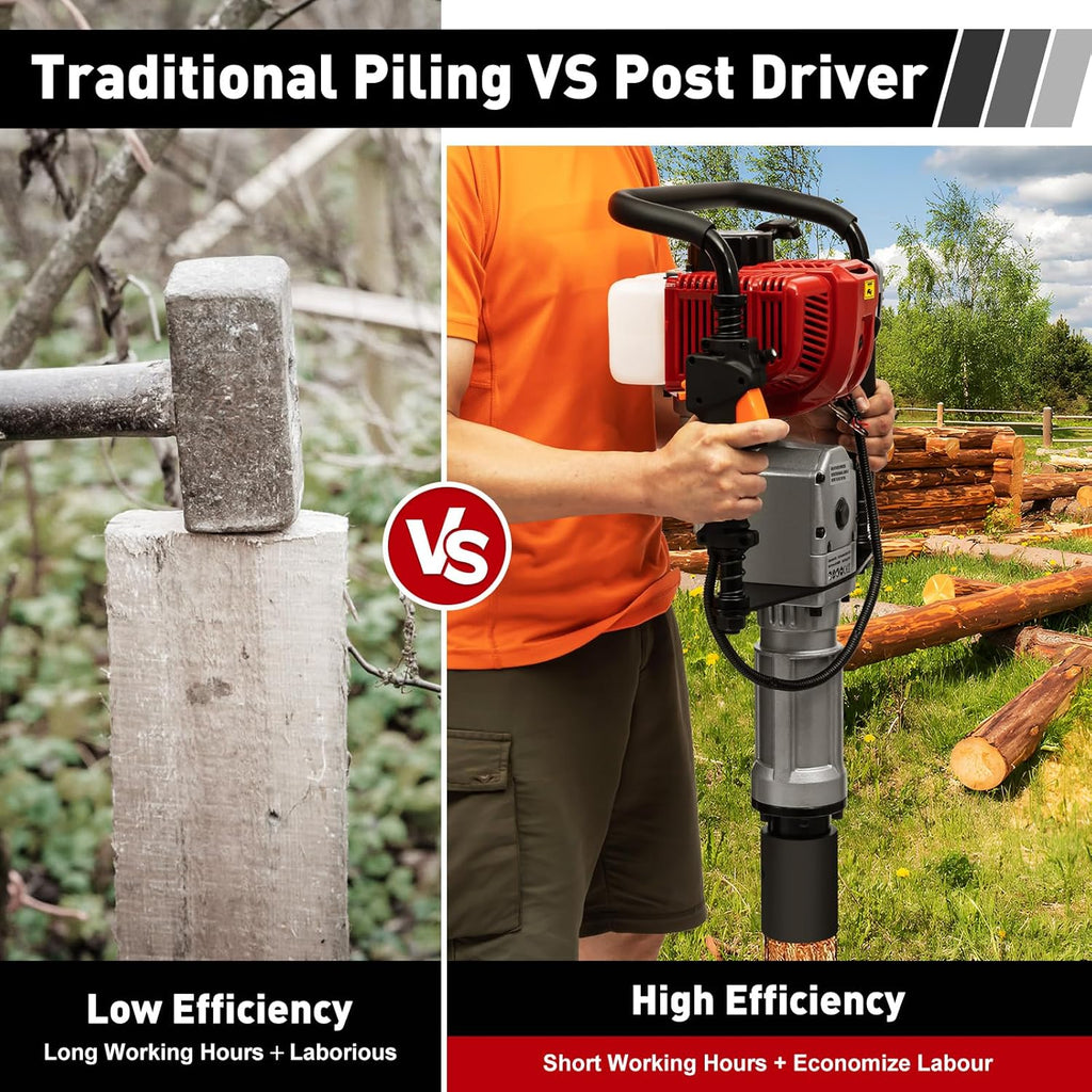 52CC 2 Stroke Gas Powered T-Post Driver, 1900W Gas Post Pounder Pile Driver, Single Cylinder Air Cooled Fence Post Driver Hammer with Hand Pull Start & 0.26 Gal Fuel Tank for Gardening Road Fencing