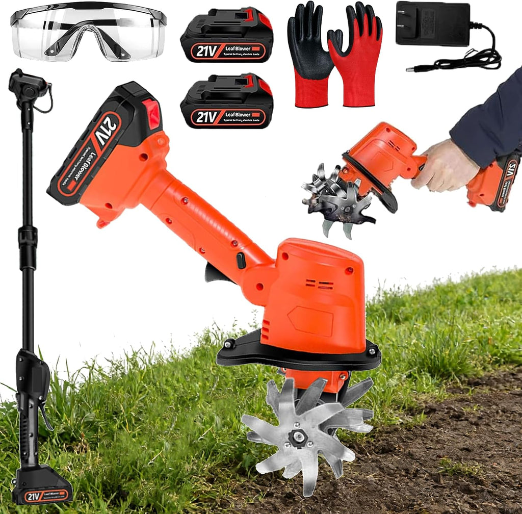 21V Cordless Mini Tiller Cultivator, 400RPM Cultivators for Gardening & Composting with 48 Steel Tines&Dual Batteries,9'Tilling Width and 6.7'Depth Garden Weeders and Cultivators (Weeder-2 batteries)