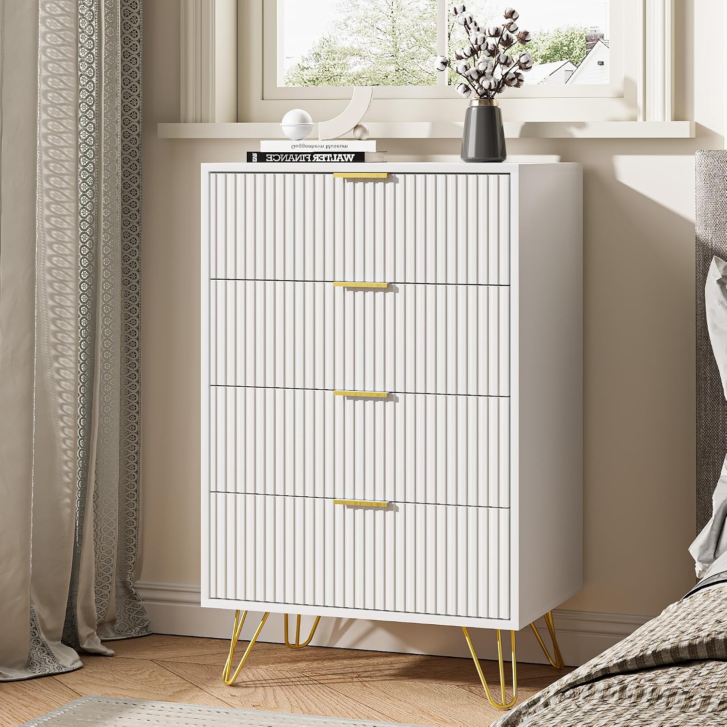 MAISONARIA White Dresser for Bedroom, Modern Dresser with Gold Metal Handles & Chests of Drawers