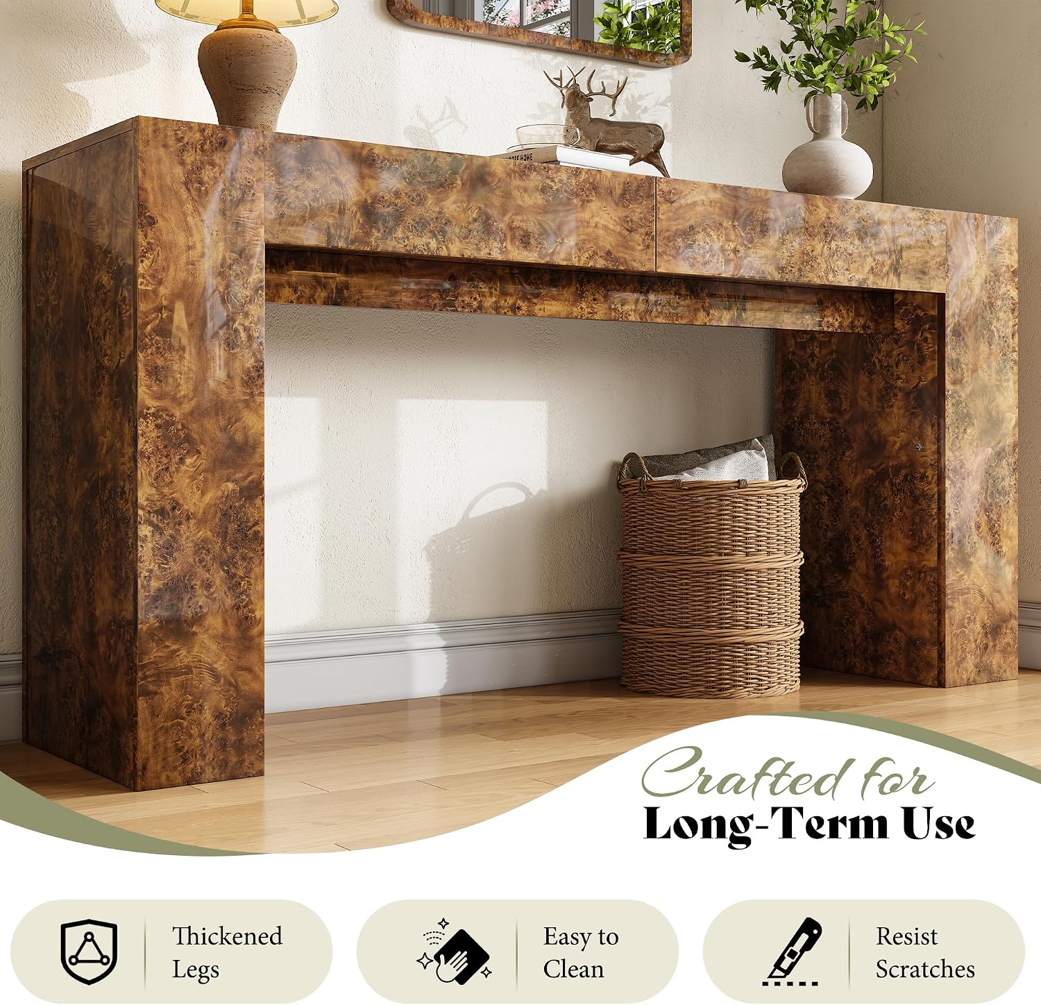 AMERLIFE 63' Burl Wood Console Table, Modern High Gloss Entryway Table with 2 Storage Drawers, Long Sofa Table Behind the Couch for Entrance, Hallway, Foyer, Living Room, Brown