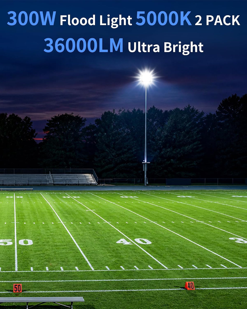 ISUERFY 300W LED Flood Light Outdoor with Plug, 36000LM Ultra Brighter Security Light, IP66 Waterproof Exterior Plug in Floodlight, 5000K Daylight White for Lawn Yard Garden Stadium(2 Pack)