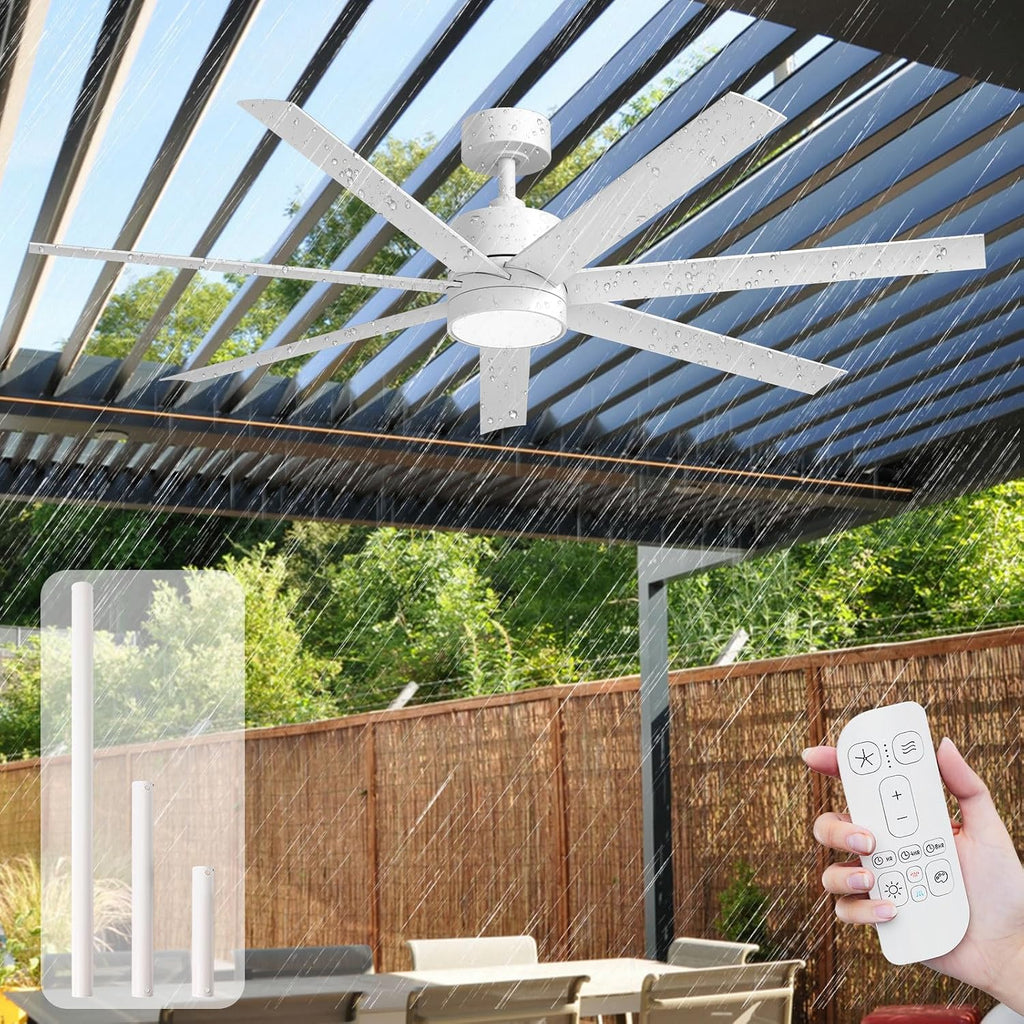 56 Inch Wet-Rated White Outdoor Ceiling Fan with Light, Modern 7 Waterproof Blades All-Weather Design, High CFM Quiet DC Motor, for Exterior Porch, Pergola & Gazebo