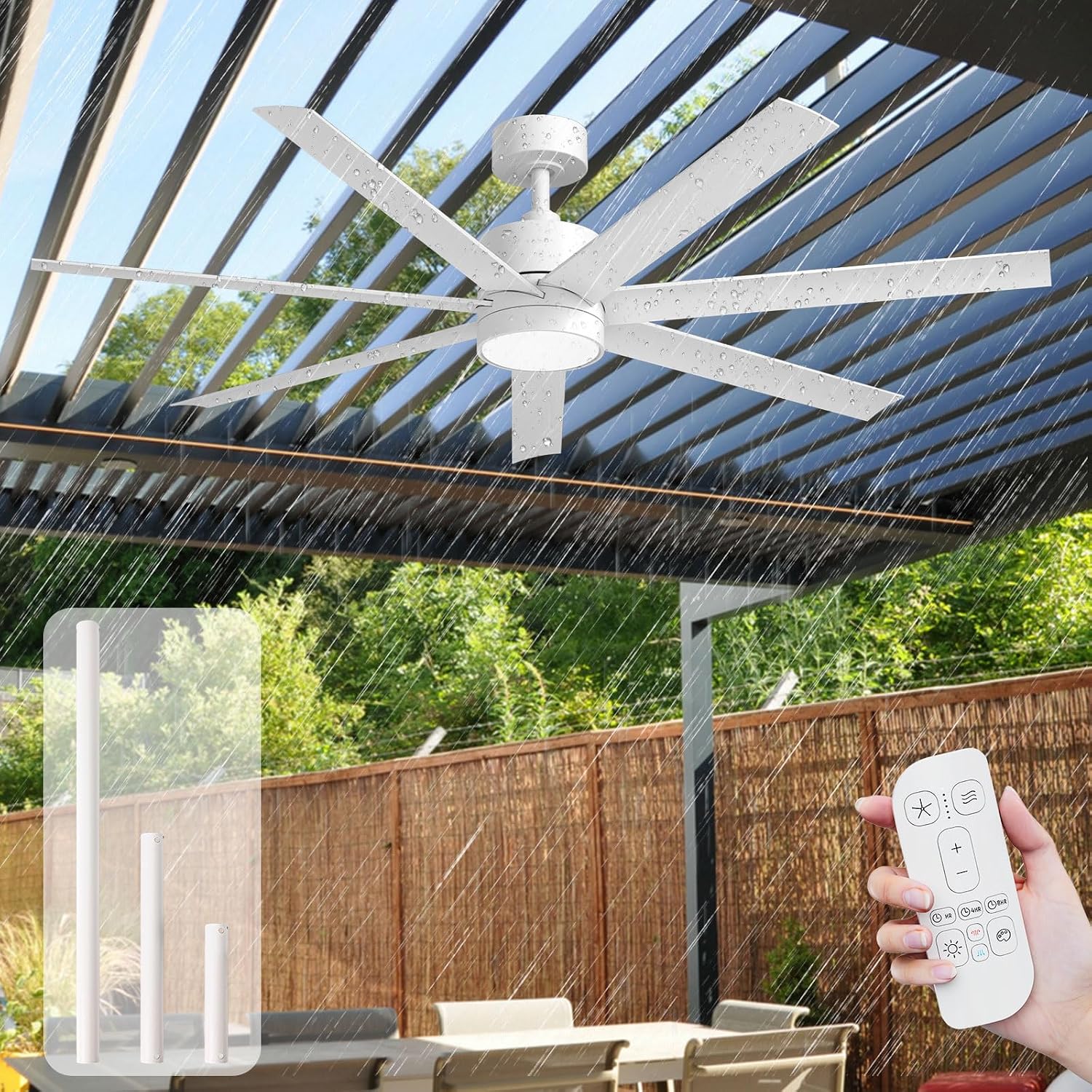56 Inch Wet-Rated White Outdoor Ceiling Fan with Light, Modern 7 Waterproof Blades All-Weather Design, High CFM Quiet DC Motor, for Exterior Porch, Pergola & Gazebo