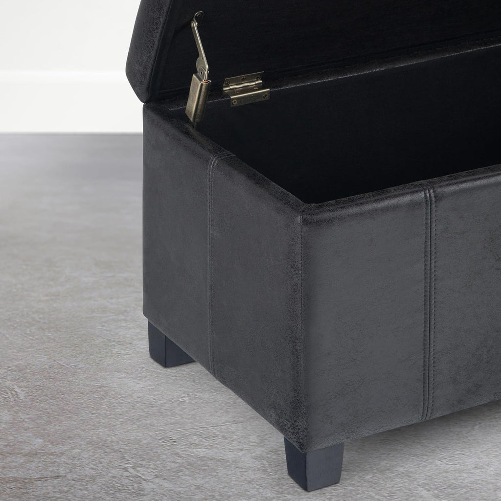 SIMPLIHOME Dover Storage Ottoman Bench - 36 inch Wide Upholstered Vegan Leather Rectangle Storage Ottoman Bench in Distressed Graphite Black, Contemporary Ottoman for Living Room with Lift-Up Lid