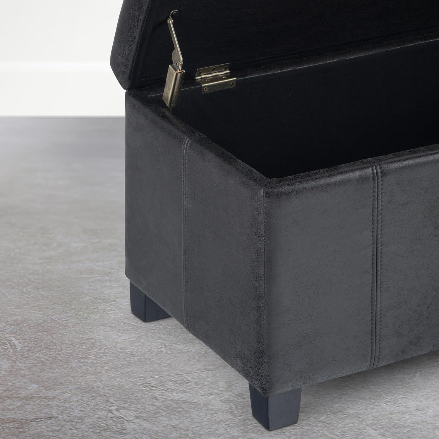 SIMPLIHOME Dover Storage Ottoman Bench - 36 inch Wide Upholstered Vegan Leather Rectangle Storage Ottoman Bench in Distressed Graphite Black, Contemporary Ottoman for Living Room with Lift-Up Lid