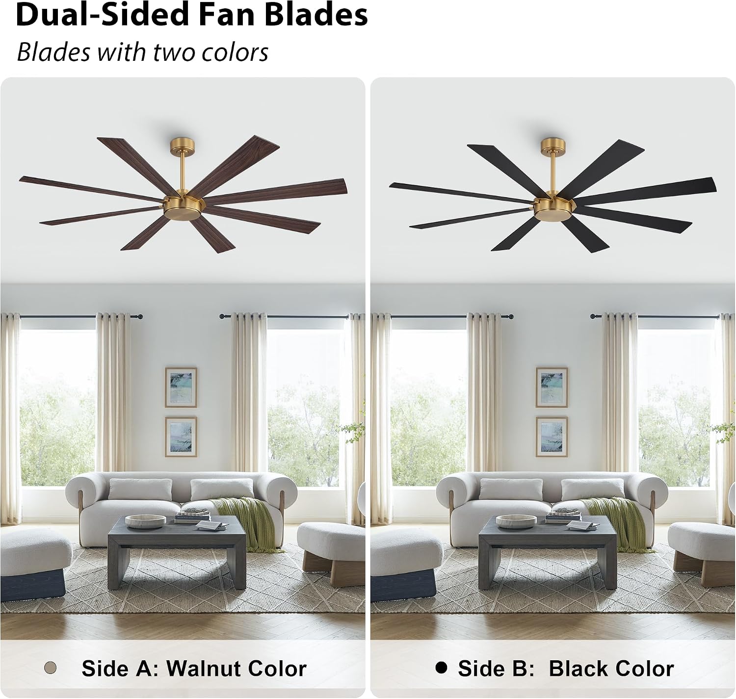 WINGBO 60' Ceiling Fan without Light, Modern Large Ceiling Fan with Remote Control, 6-Speed Reversible Noiseless DC Motor, Gold and Walnut/Black Blades for Living Room, Bedroom & Covered Outdoor
