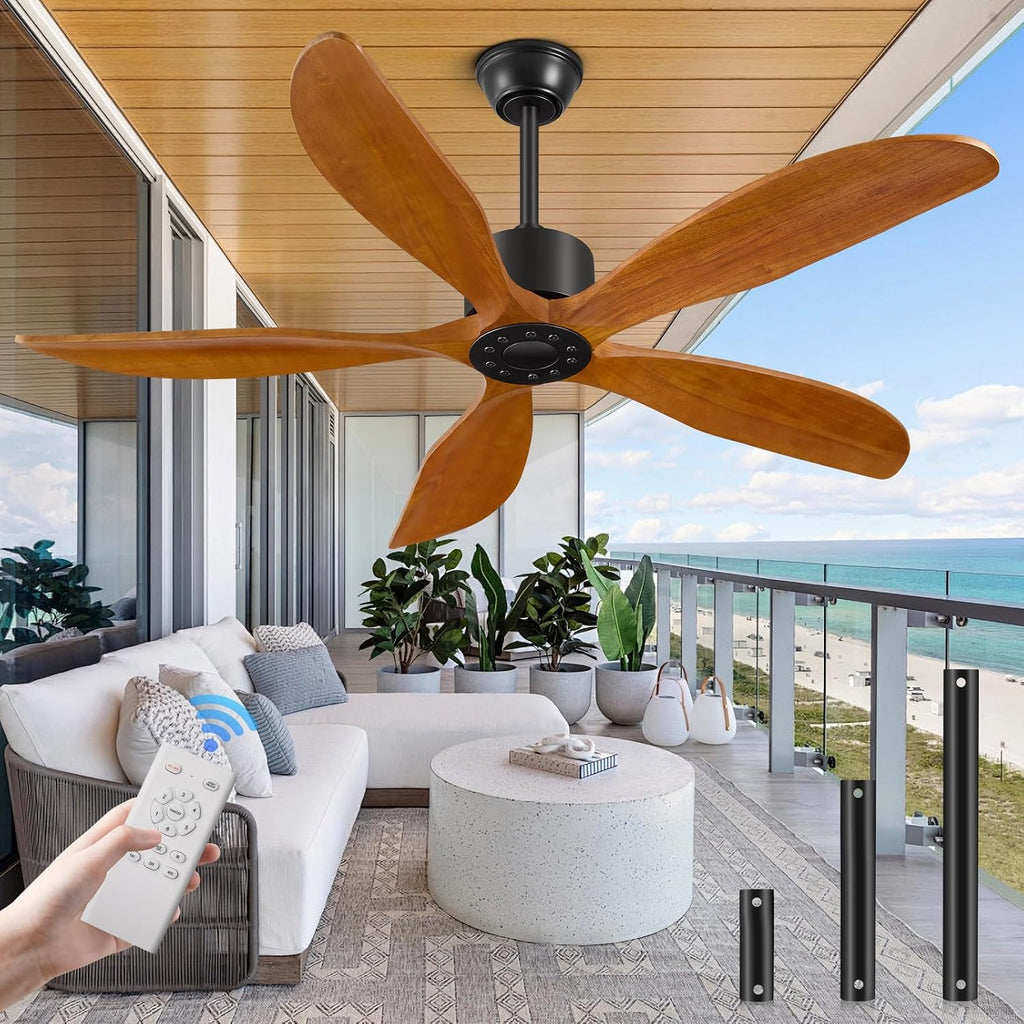 Yahada 52 Inch Ceiling Fan No Light with Remote, USA Original Patent Outdoor Ceiling Fans, 5 Wood Blades, 3 Downrods, Timer, 6 Speeds ETL DC Motor Fans for Patios Bedroom, Yellow Walnut