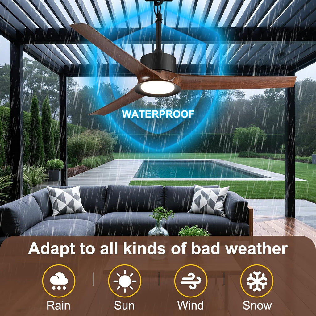 52 Inch Outdoor Ceiling Fan with Light and Remote, Reversible Waterproof Patio Fan for Gazebo Pergola Porch Deck Balcony, Wet Rated Plug-in Hanging Ceiling Fan for Outside