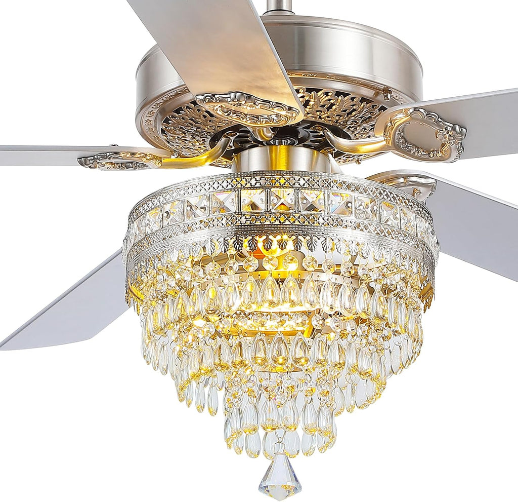 Asyko Crystal Ceiling Fan Fandelier with Lights and Remote Control，52' Modern Silver Chandelier Ceiling Fans with Reversible Blades, Silent Motor，Fandelier Ceiling Fan with Light Chrome